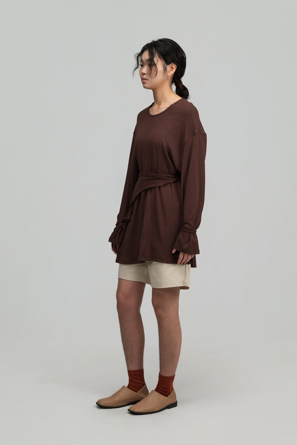 Snow Knit Braided Waist Drape Long Sleeve Top (Brown)