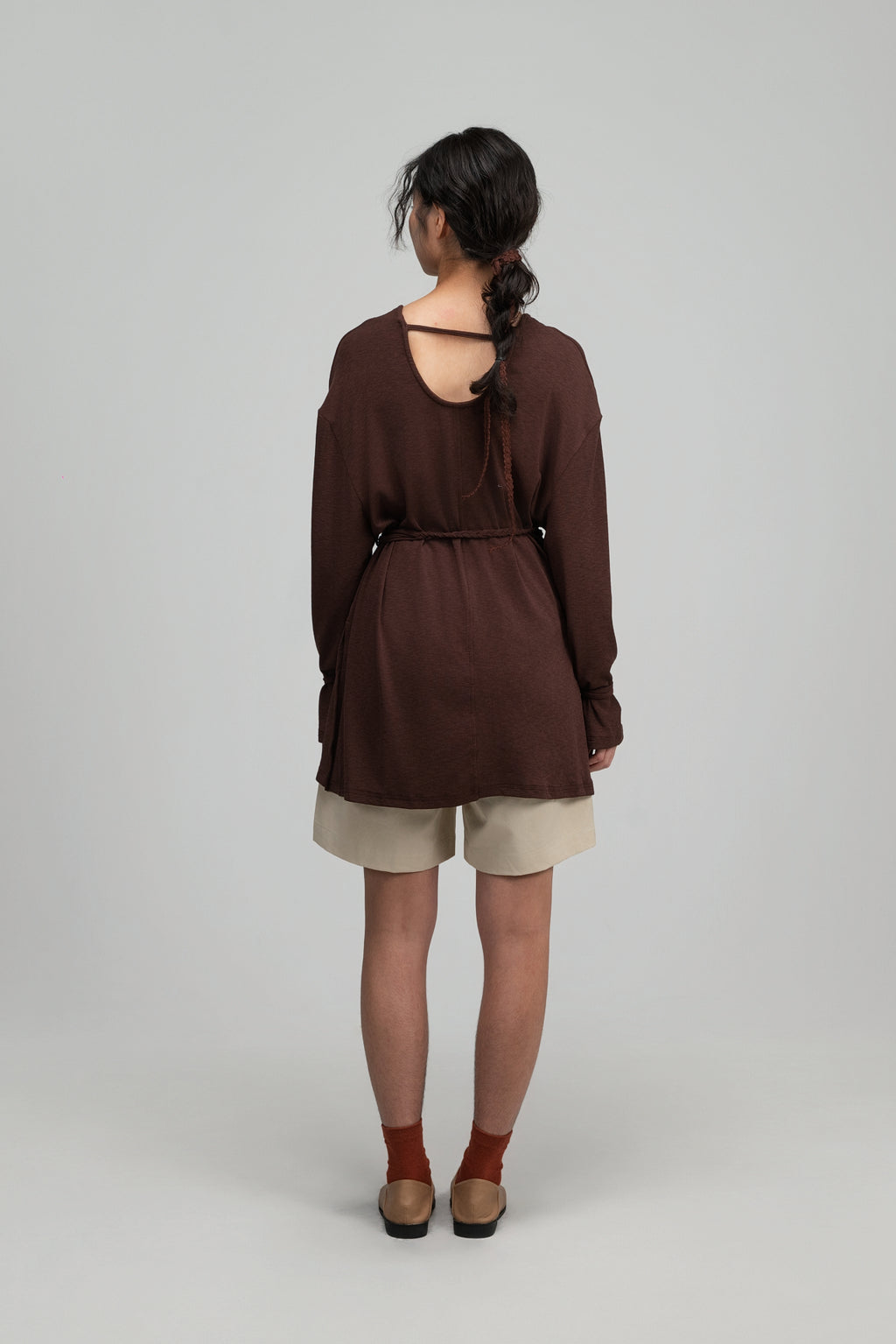 Snow Knit Braided Waist Drape Long Sleeve Top (Brown)