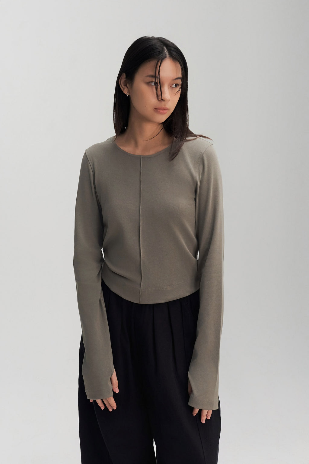 Classic - Cotton Knit Open Back Long Sleeve (Olive Grey)