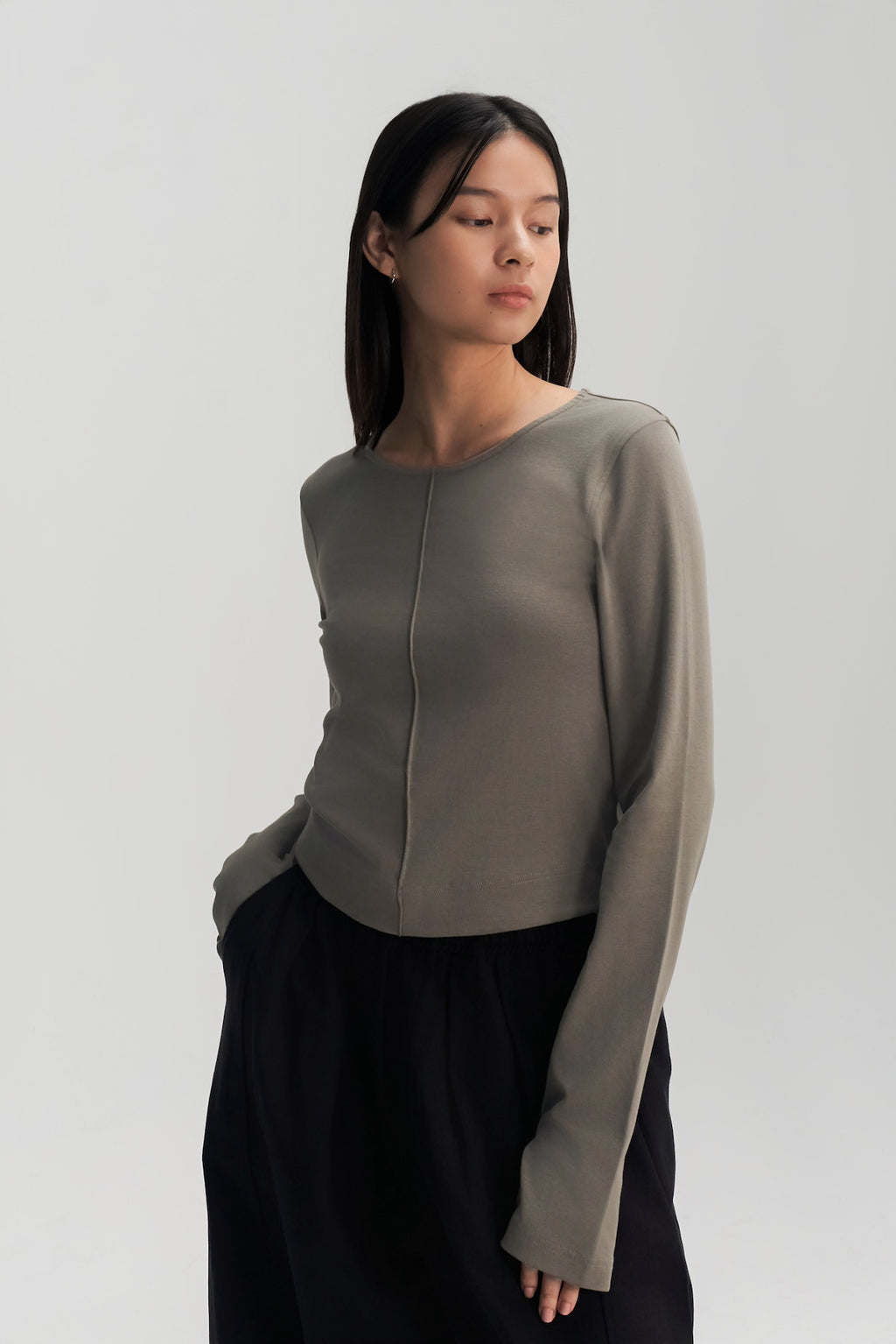 Classic - Cotton Knit Open Back Long Sleeve (Olive Grey)