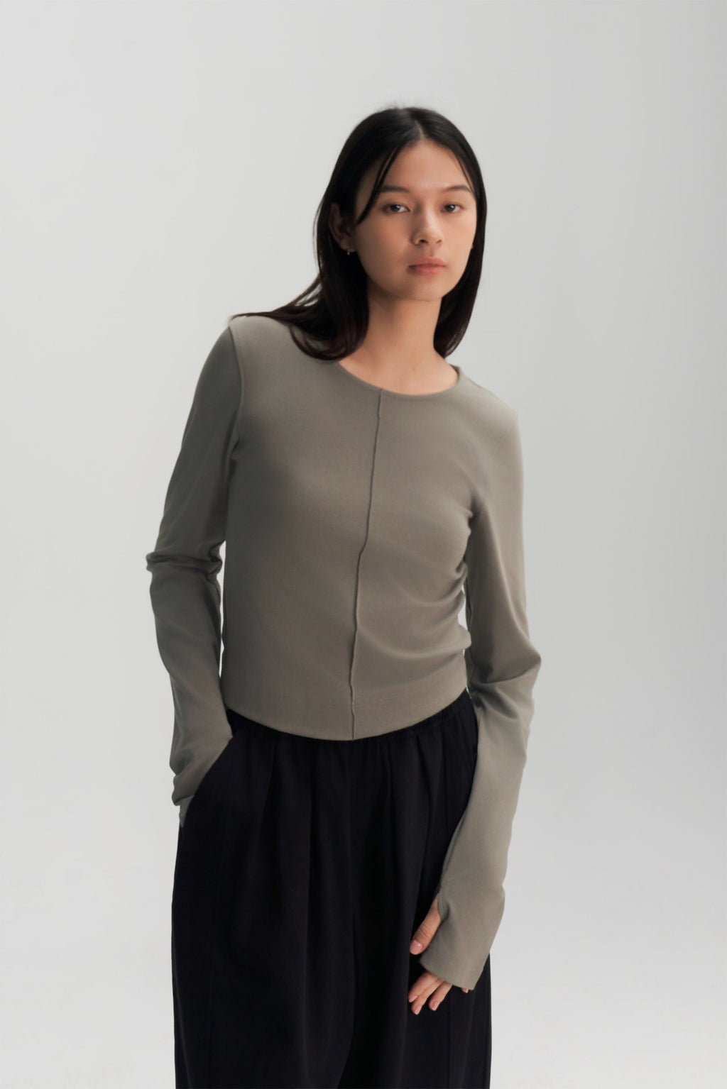 Classic - Cotton Knit Open Back Long Sleeve (Olive Grey)