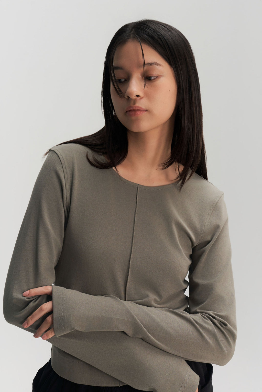 Classic - Cotton Knit Open Back Long Sleeve (Olive Grey)