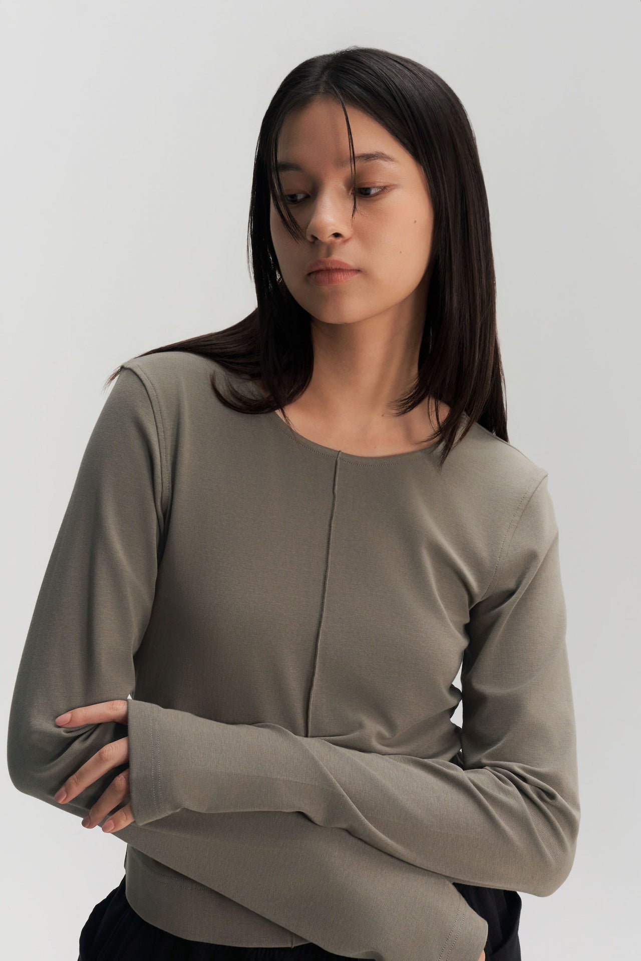Classic - Cotton Knit Open Back Long Sleeve (Olive Grey)