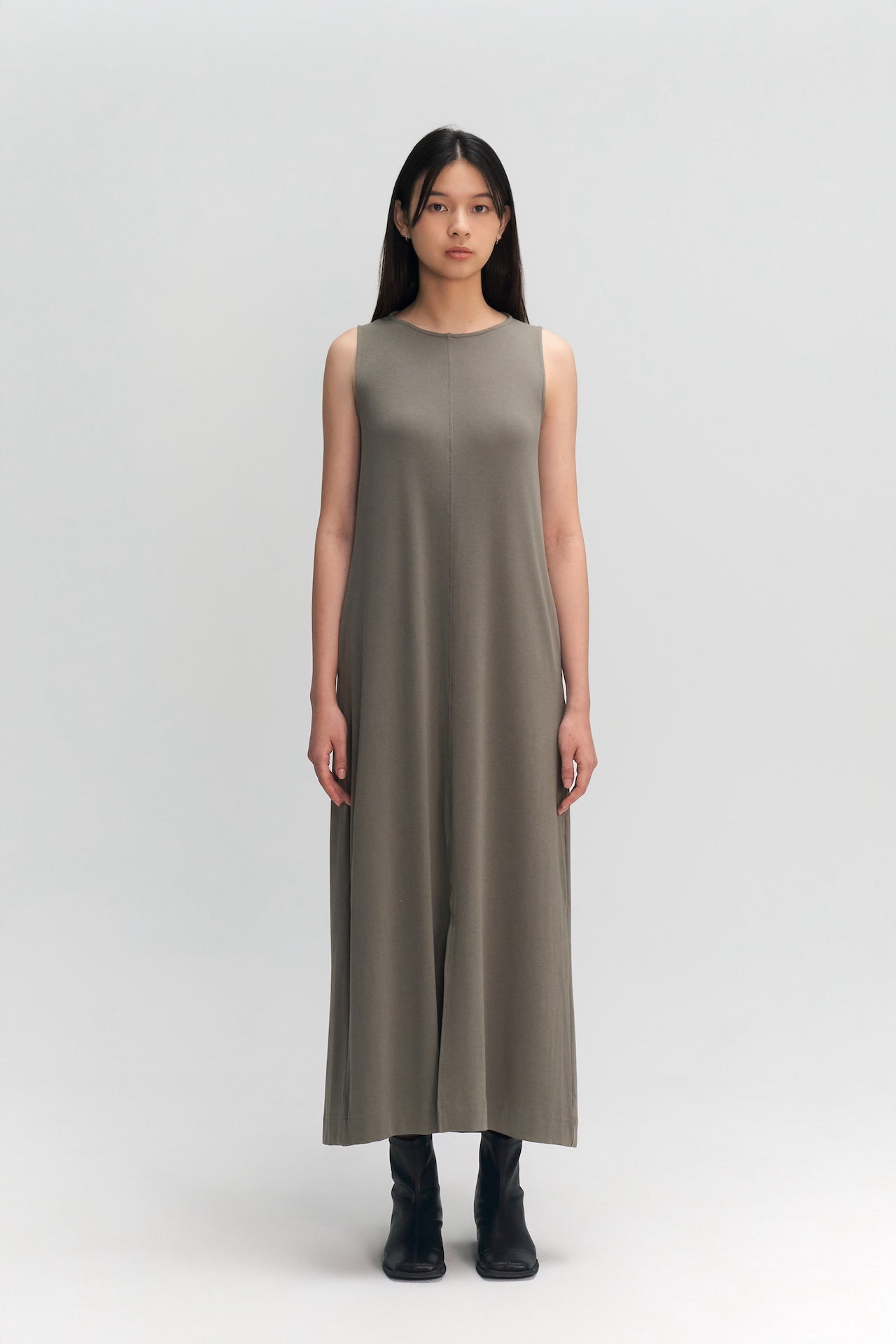 Classic - Cotton Knit Open Back Long Tank Dress (Olive Grey)