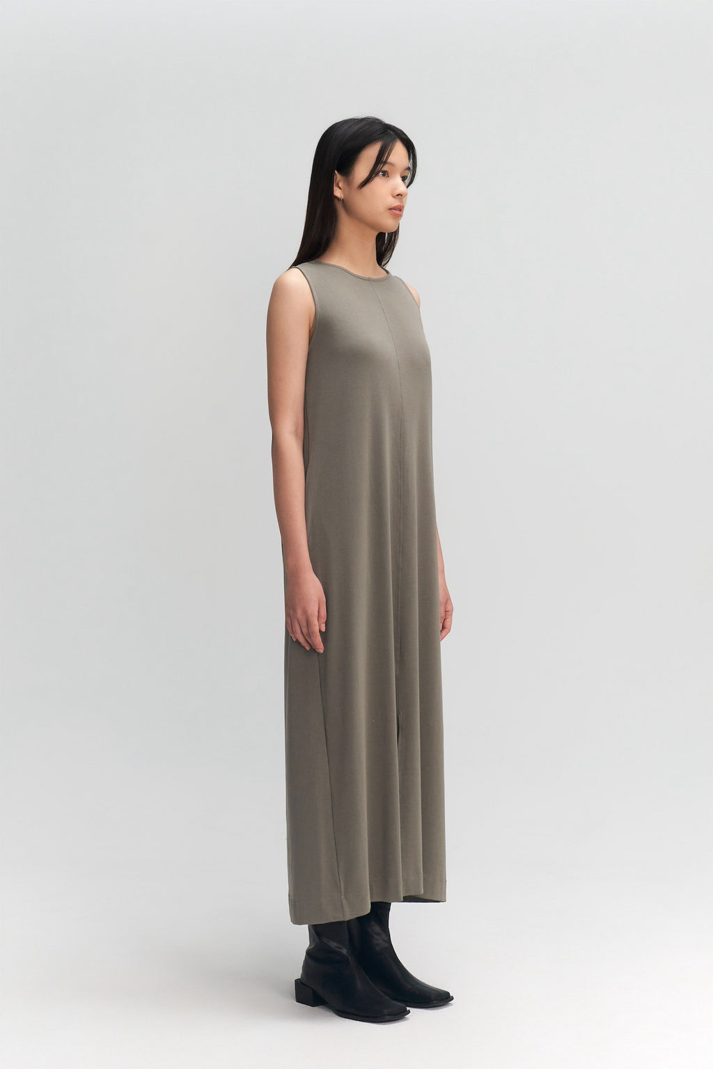 Classic - Cotton Knit Open Back Long Tank Dress (Olive Grey)