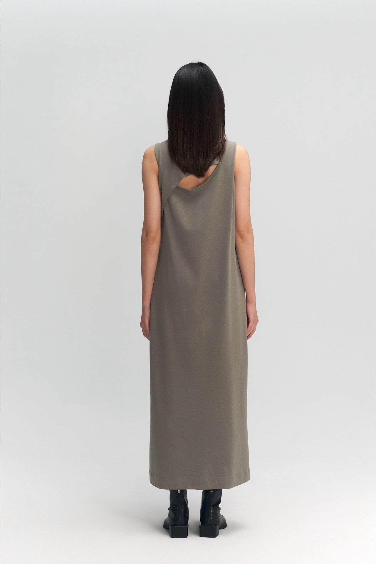 Classic - Cotton Knit Open Back Long Tank Dress (Olive Grey)