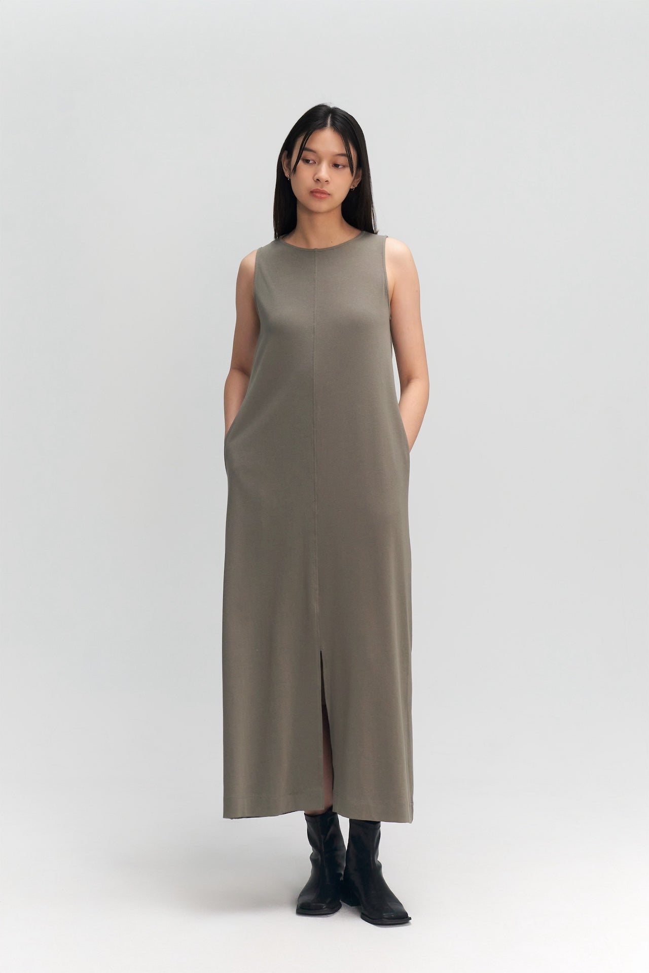 Classic - Cotton Knit Open Back Long Tank Dress (Olive Grey)
