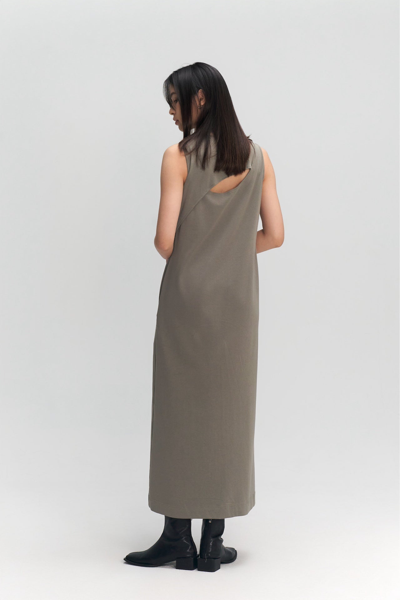 Classic - Cotton Knit Open Back Long Tank Dress (Olive Grey)