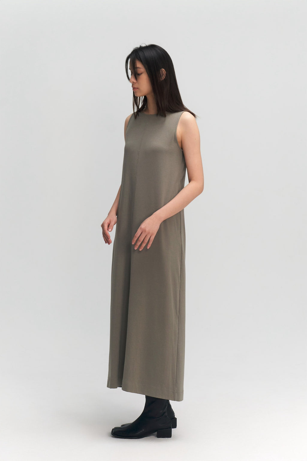Classic - Cotton Knit Open Back Long Tank Dress (Olive Grey)