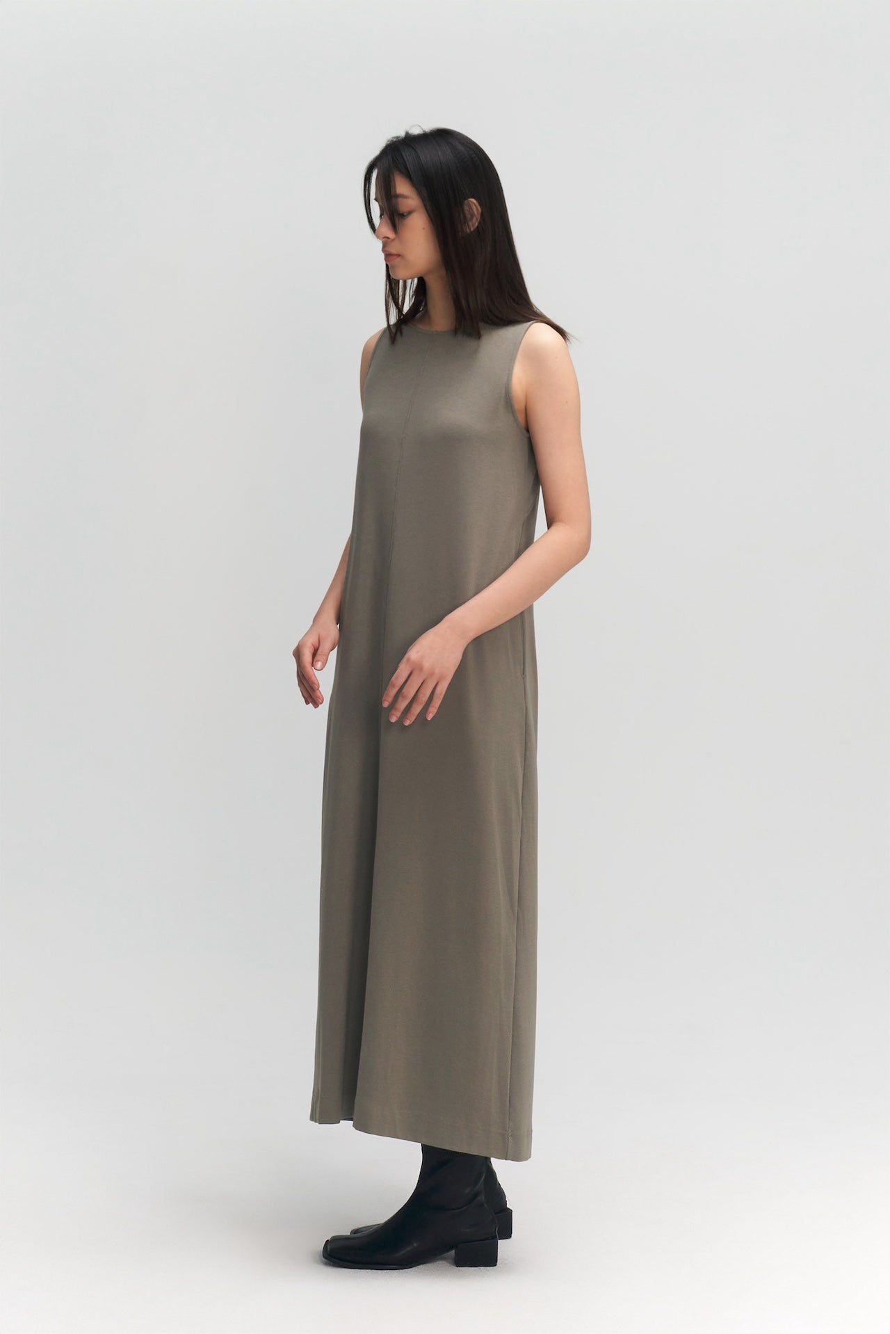Classic - Cotton Knit Open Back Long Tank Dress (Olive Grey)