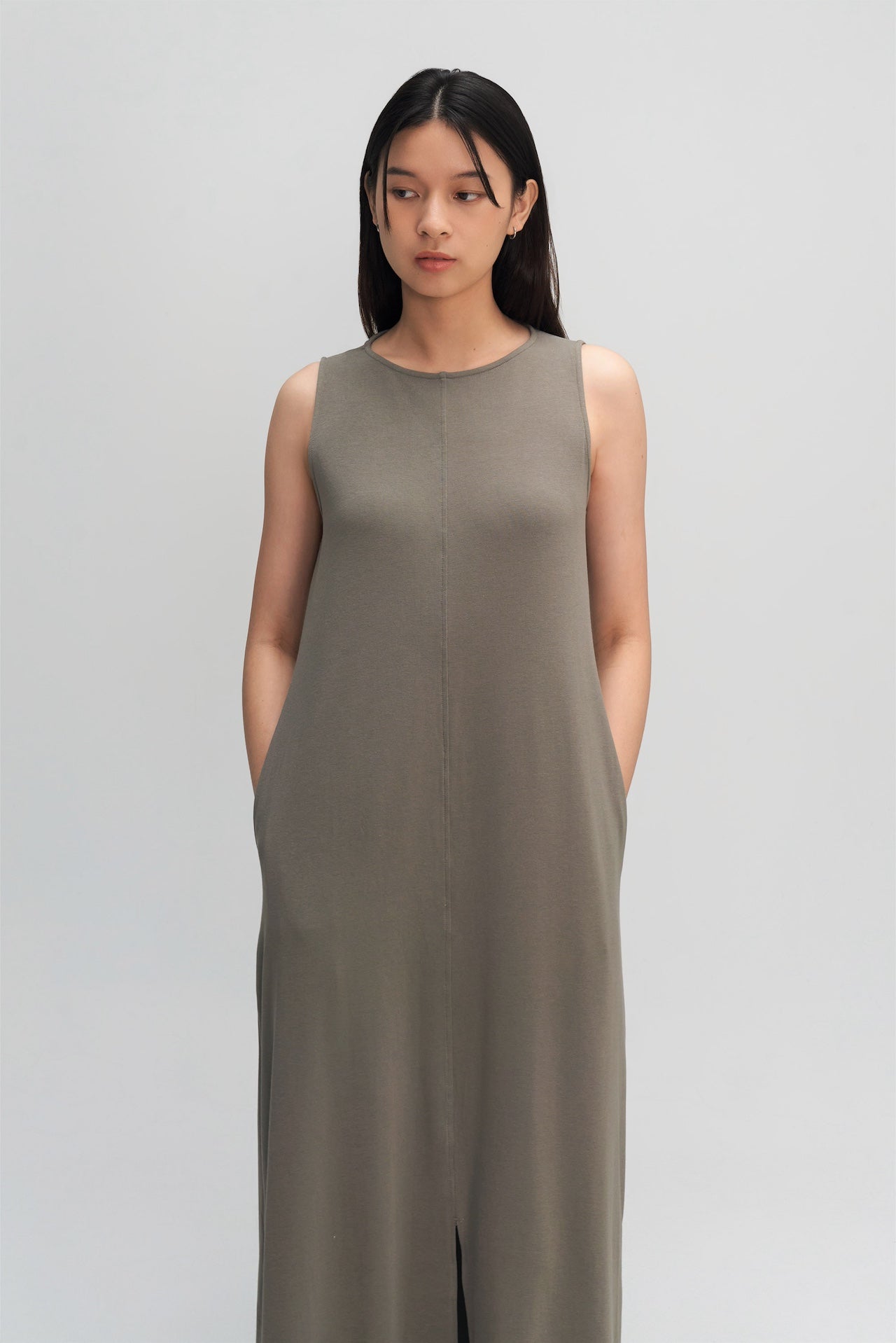 Classic - Cotton Knit Open Back Long Tank Dress (Olive Grey)