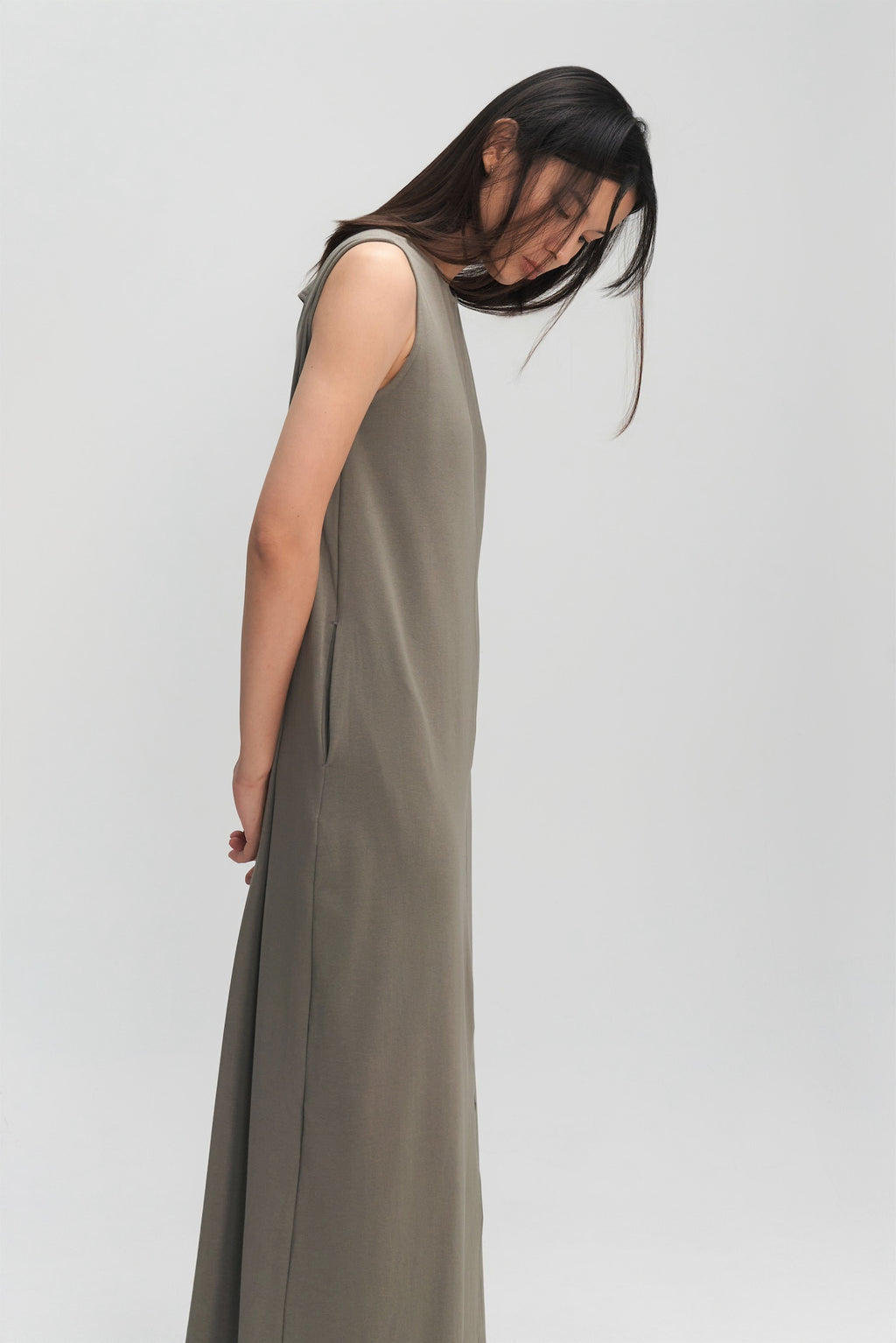 Classic - Cotton Knit Open Back Long Tank Dress (Olive Grey)