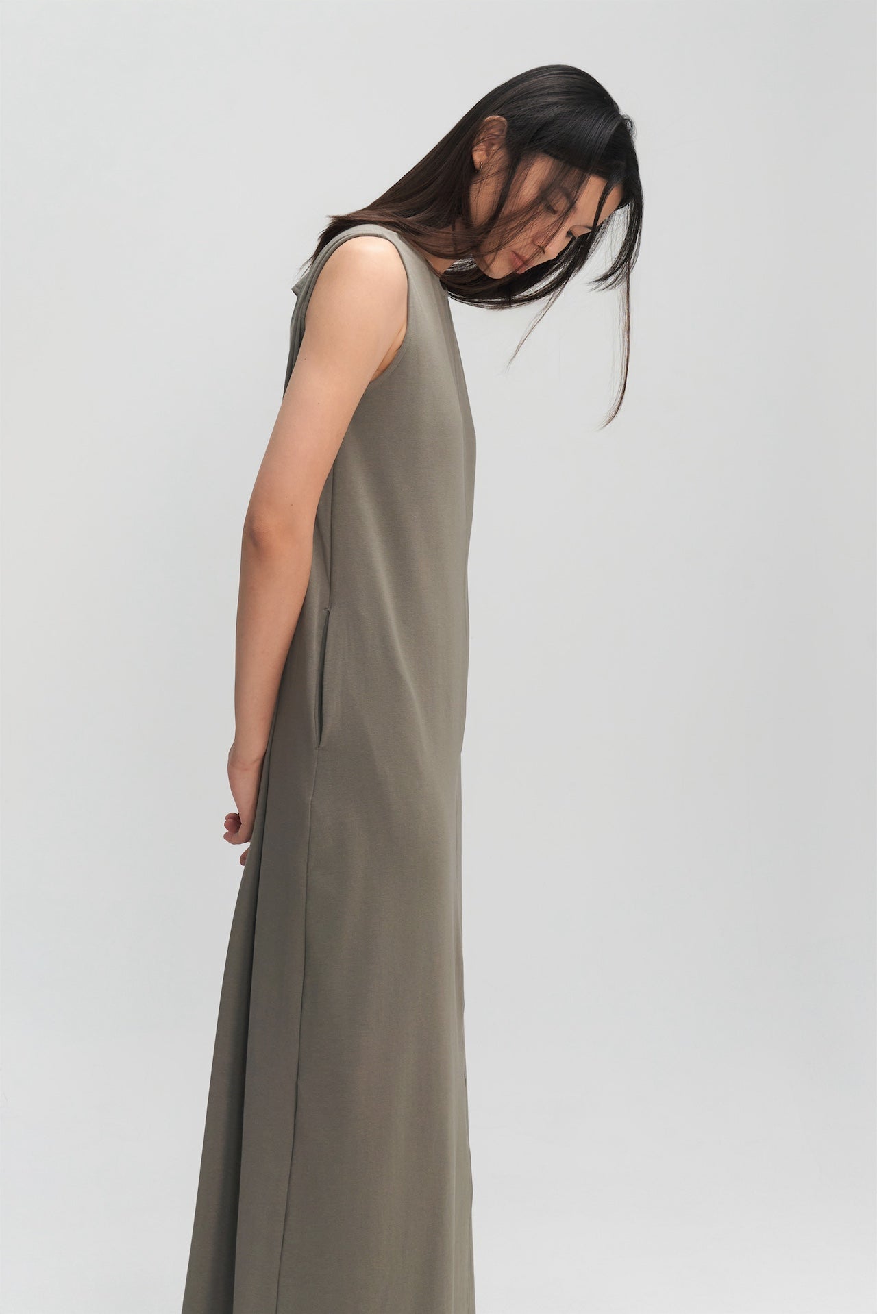 Classic - Cotton Knit Open Back Long Tank Dress (Olive Grey)