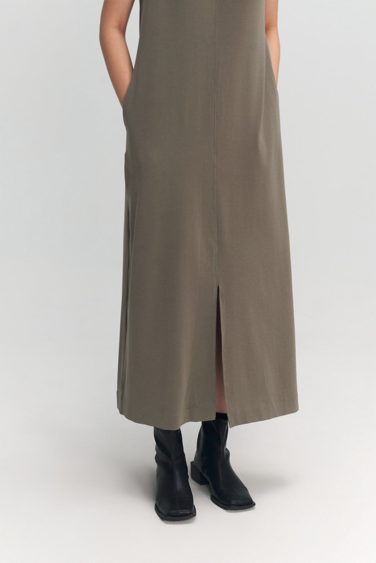 Classic - Cotton Knit Open Back Long Tank Dress (Olive Grey)