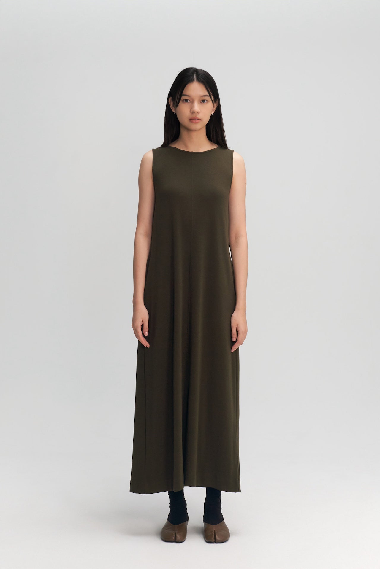 Classic - Cotton Knit Open Back Long Tank Dress (Olive Brown)