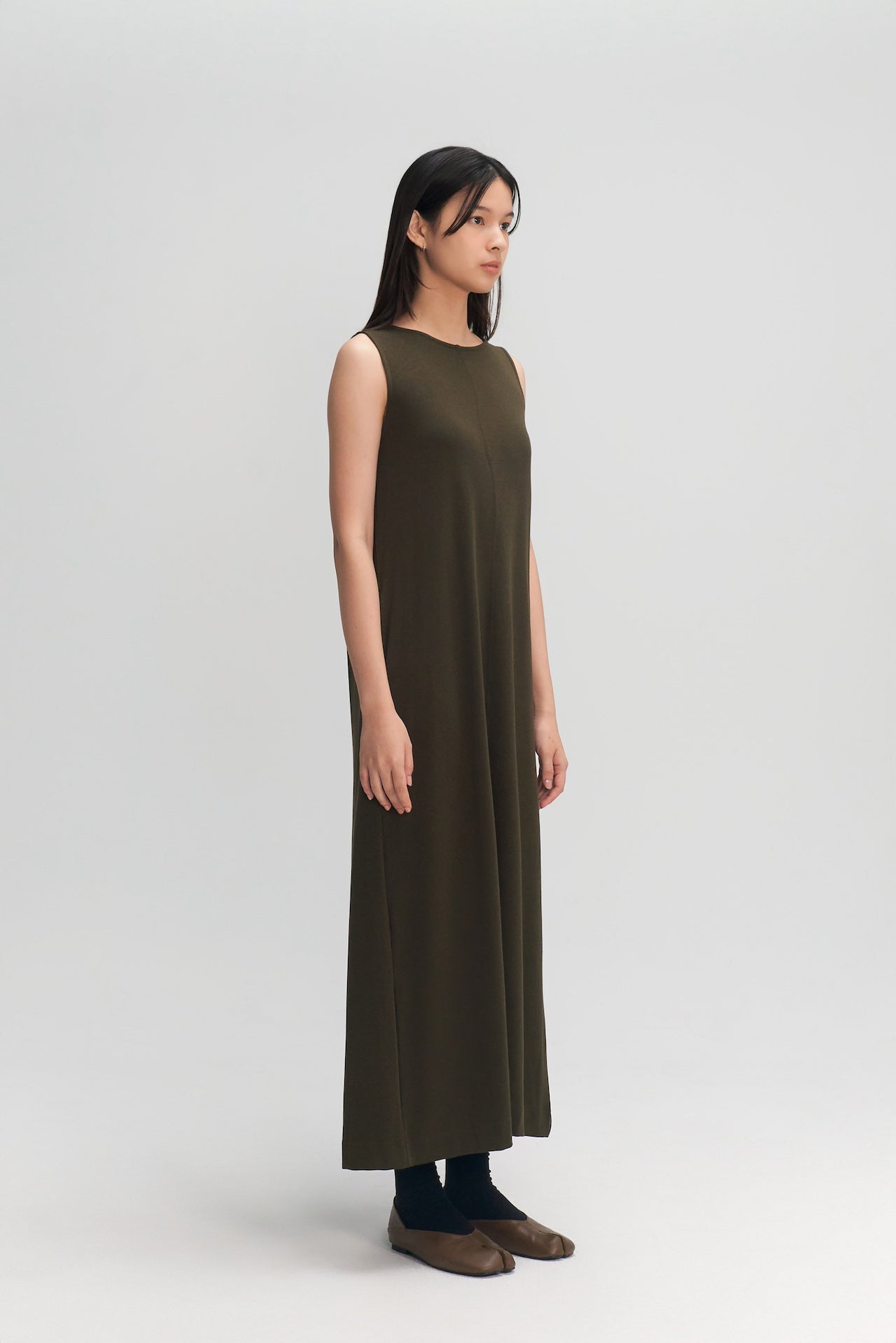 Classic - Cotton Knit Open Back Long Tank Dress (Olive Brown)