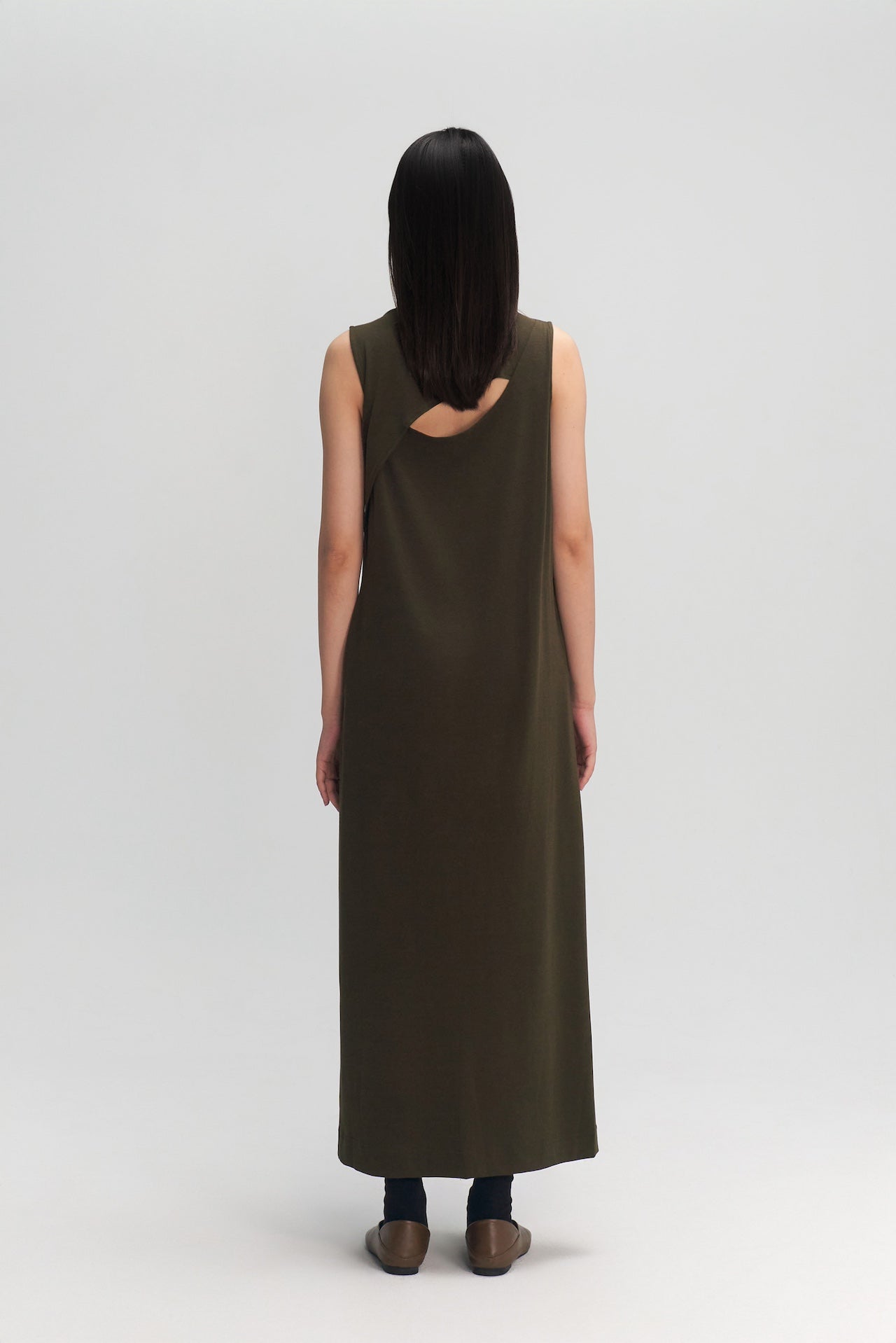 Classic - Cotton Knit Open Back Long Tank Dress (Olive Brown)