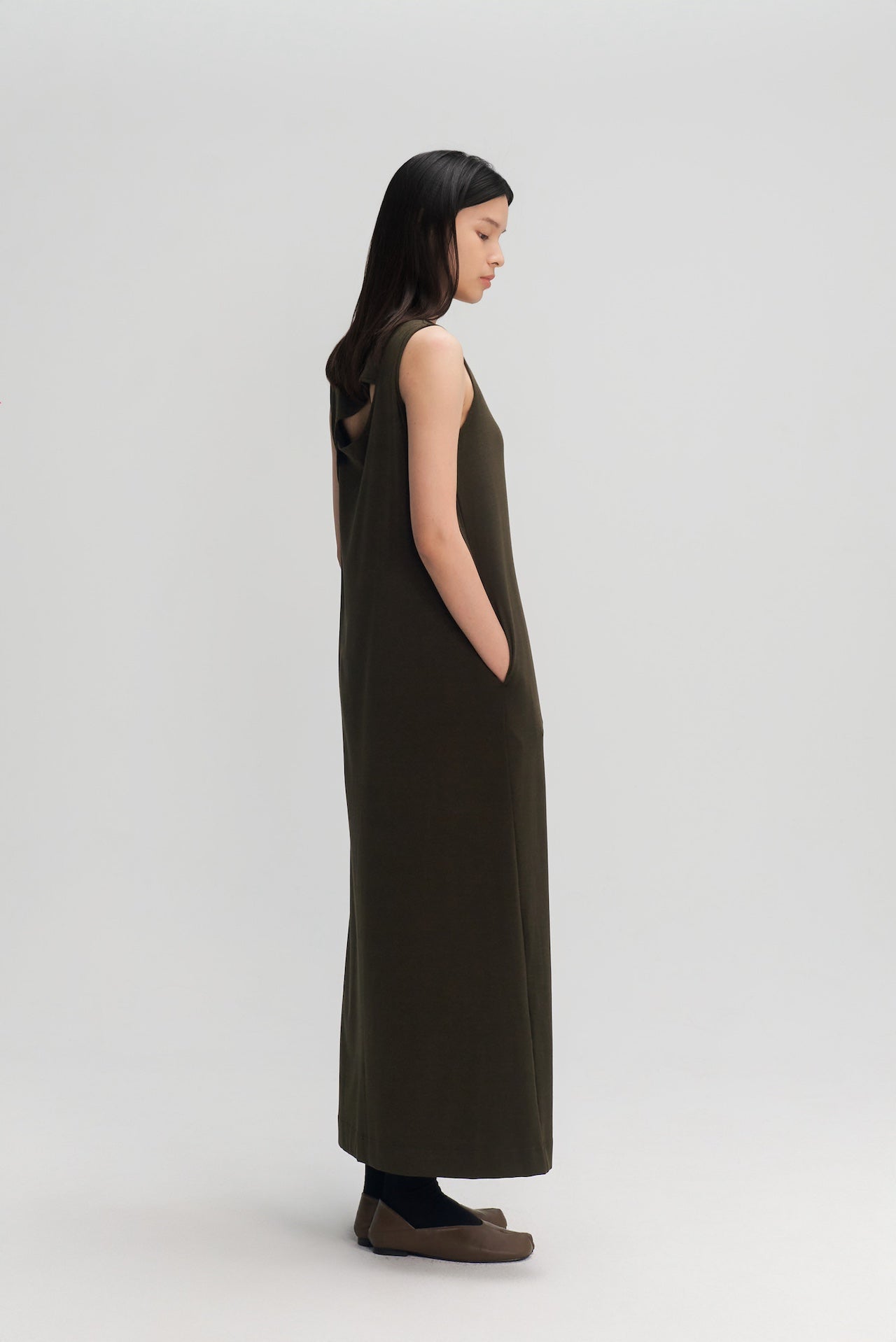Classic - Cotton Knit Open Back Long Tank Dress (Olive Brown)