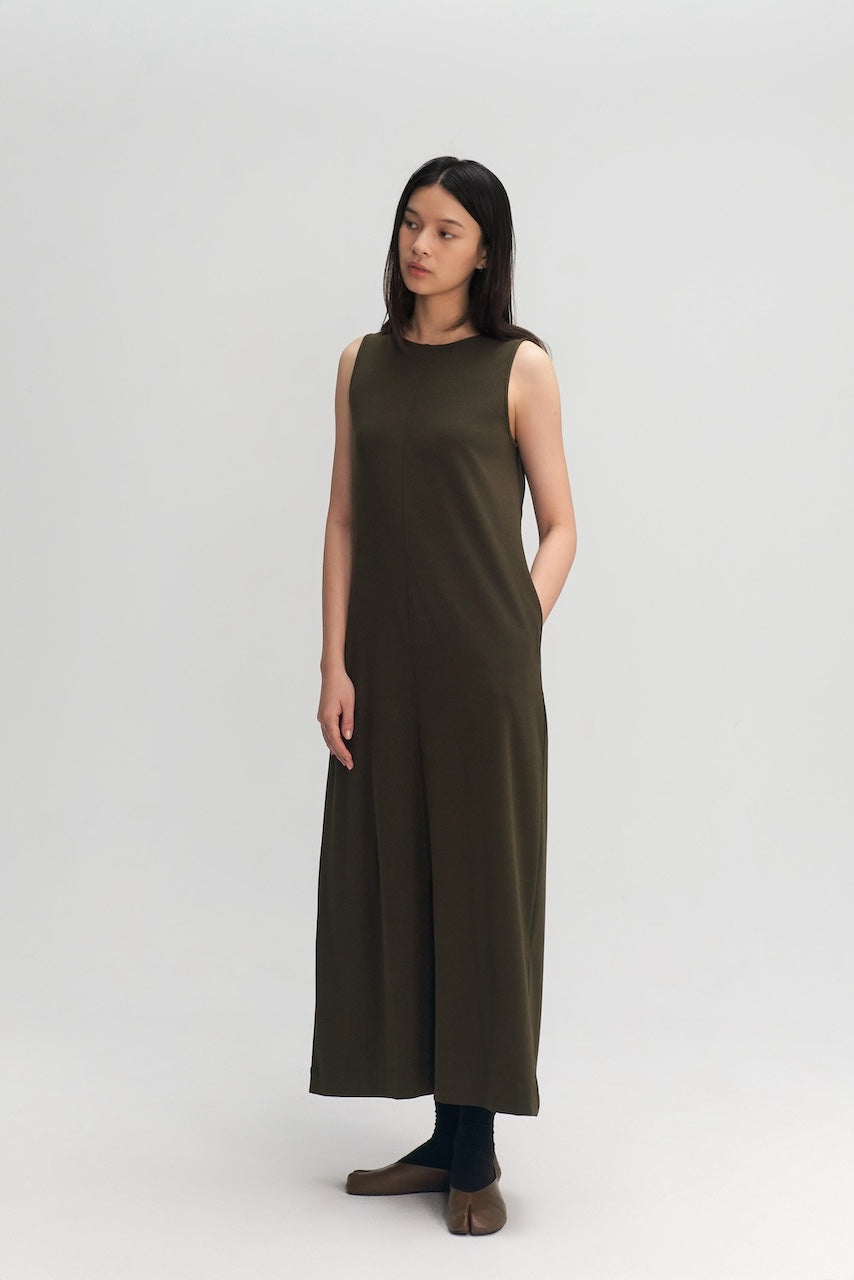 Classic - Cotton Knit Open Back Long Tank Dress (Olive Brown)