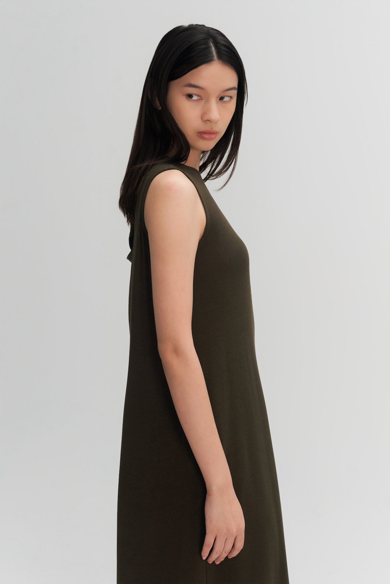 Classic - Cotton Knit Open Back Long Tank Dress (Olive Brown)