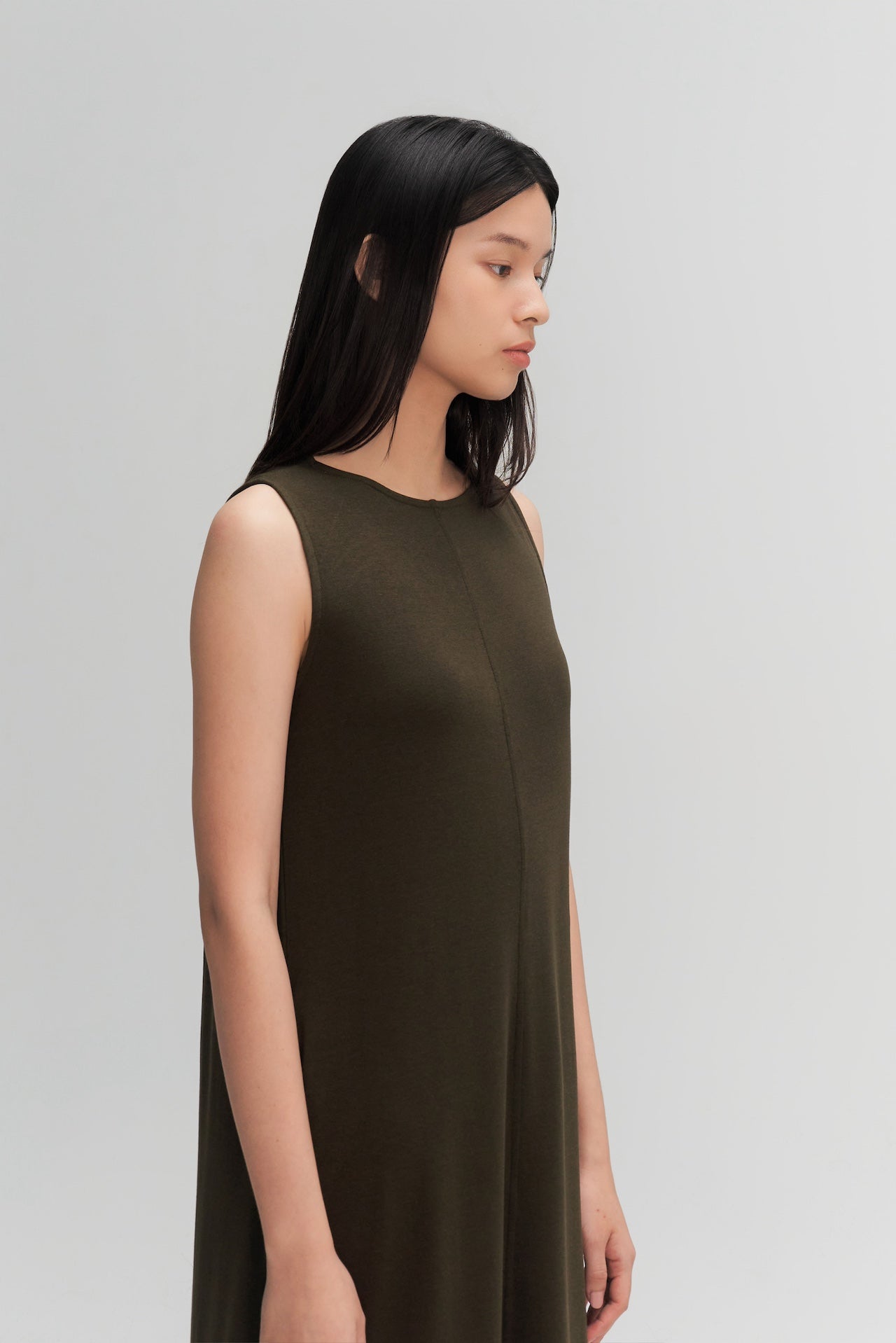 Classic - Cotton Knit Open Back Long Tank Dress (Olive Brown)
