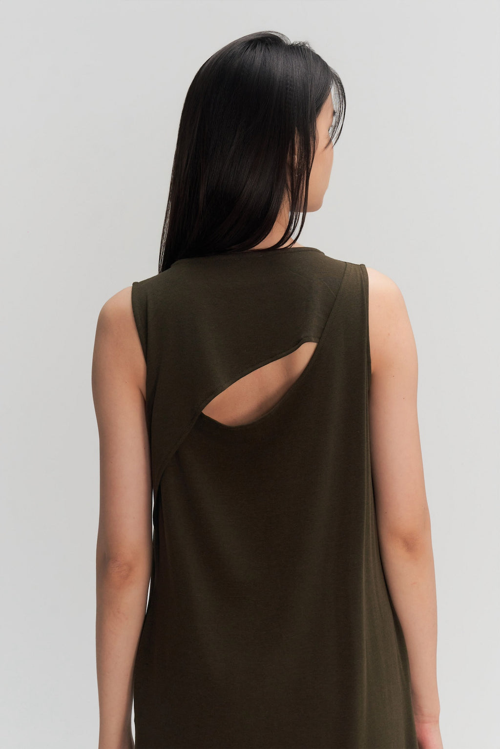 Classic - Cotton Knit Open Back Long Tank Dress (Olive Brown)