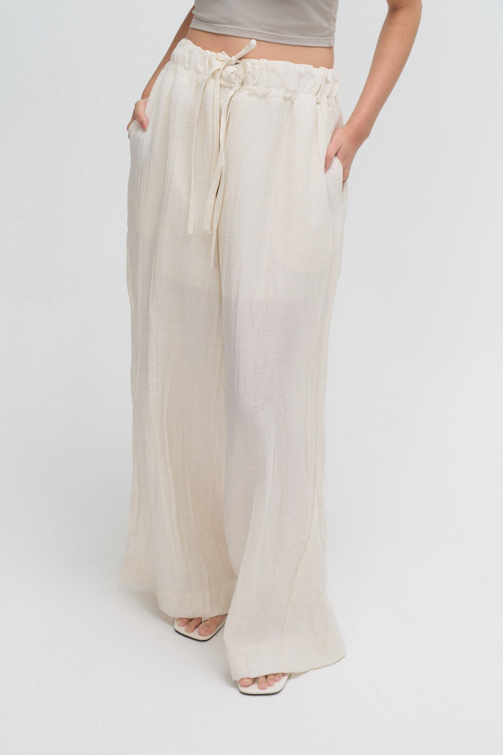 Dual Drawstring Wide Leg Pants (White)