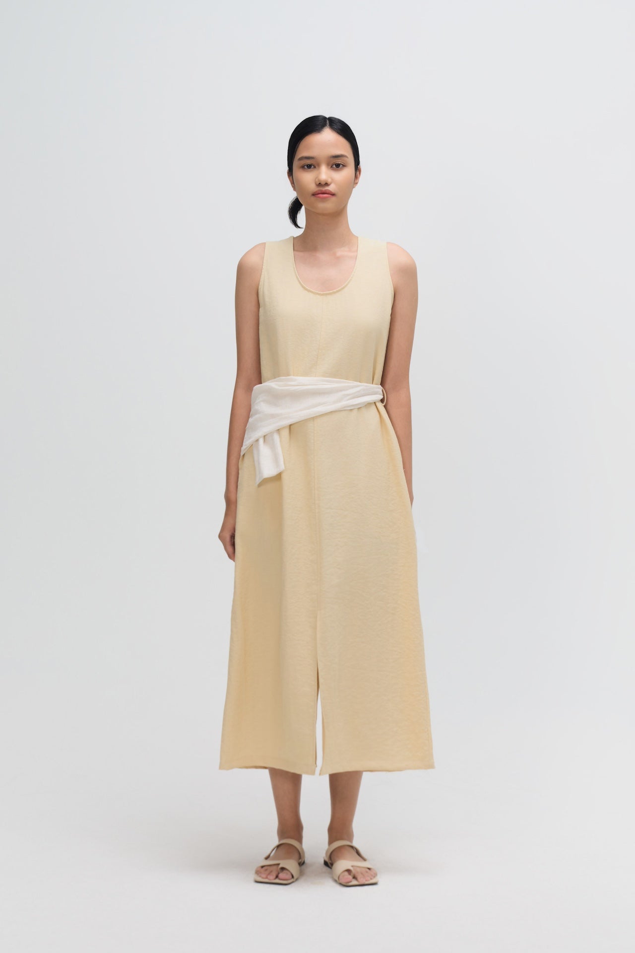 Waist Draped Maxi Tank Dress (Beige)