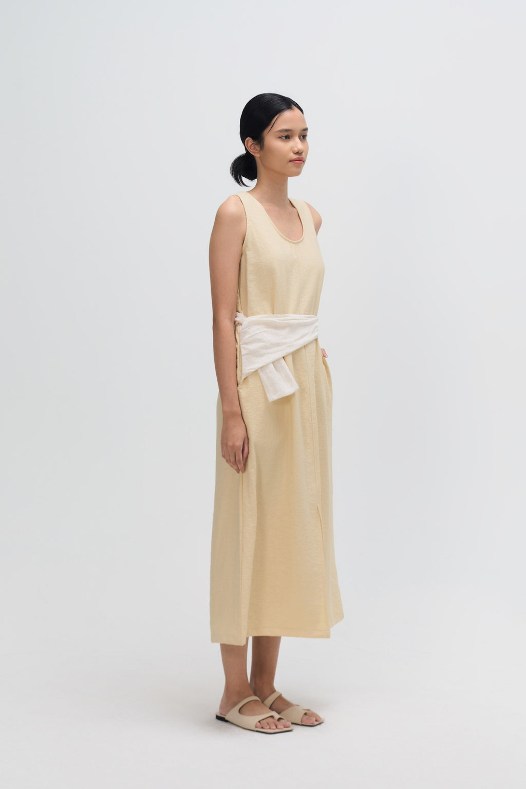 Waist Draped Maxi Tank Dress (Beige)
