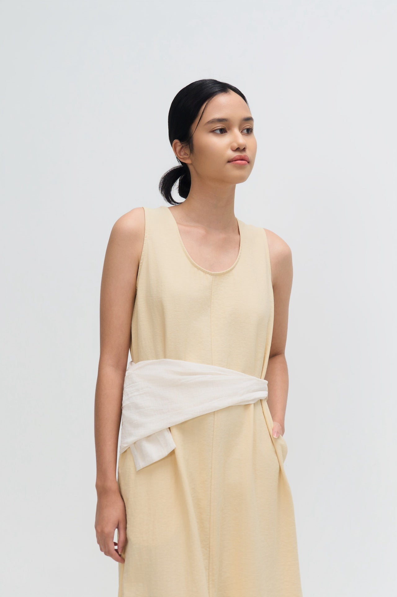 Waist Draped Maxi Tank Dress (Beige)