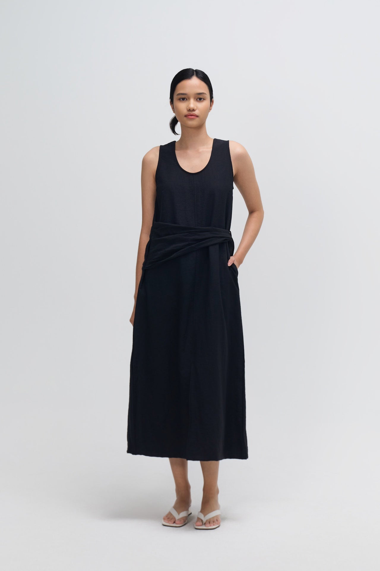 Waist Draped Maxi Tank Dress (Black)