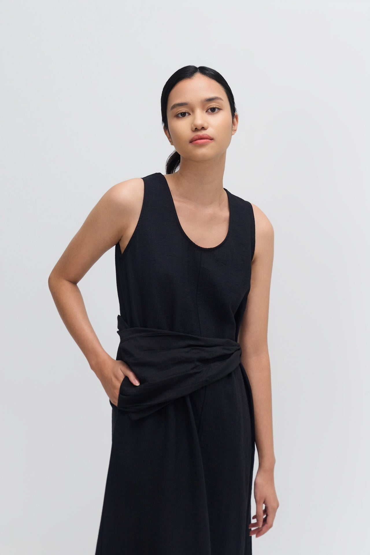 Waist Draped Maxi Tank Dress (Black)