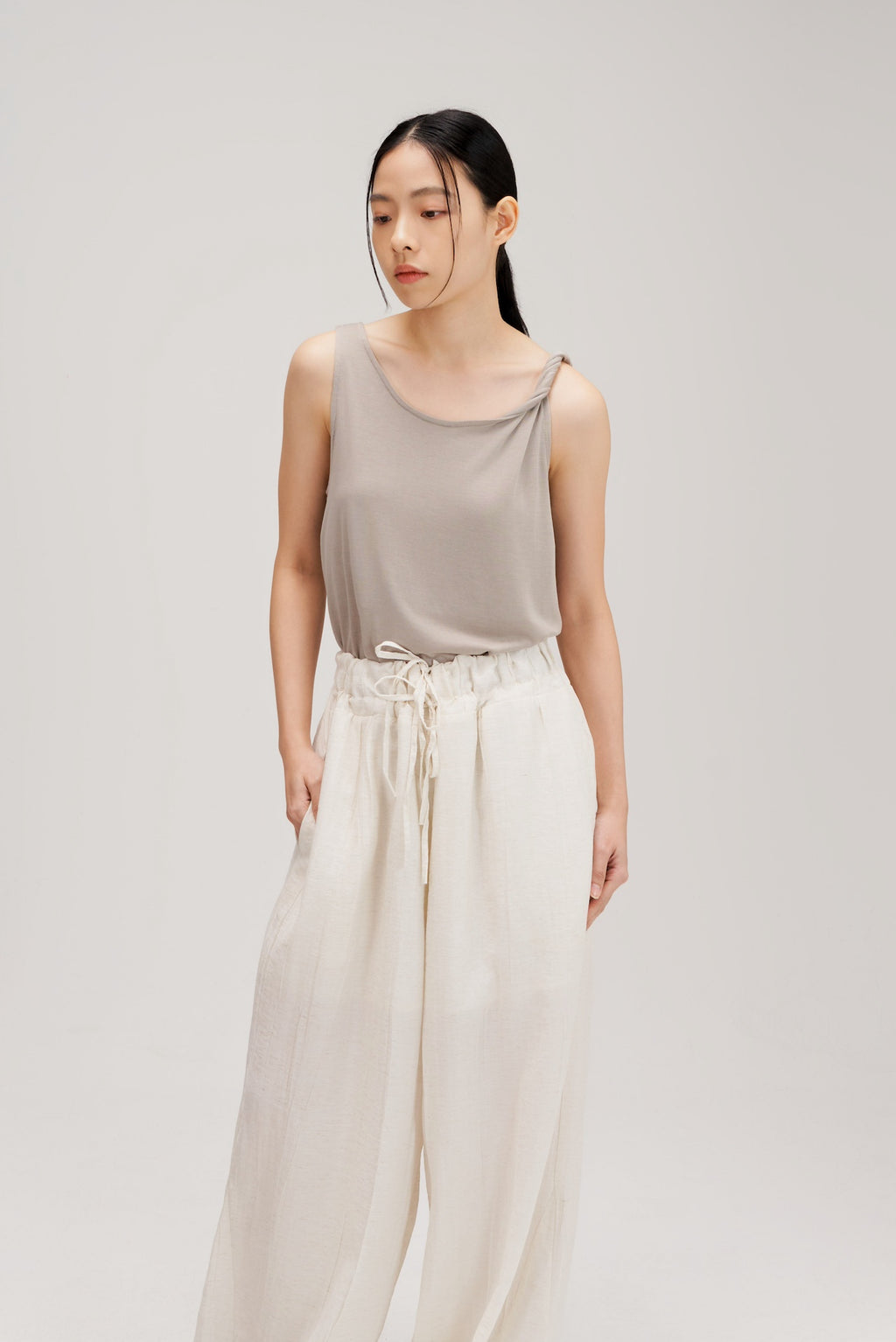 Lyocell Knit Twisted Shoulder Tank Top (Grey)