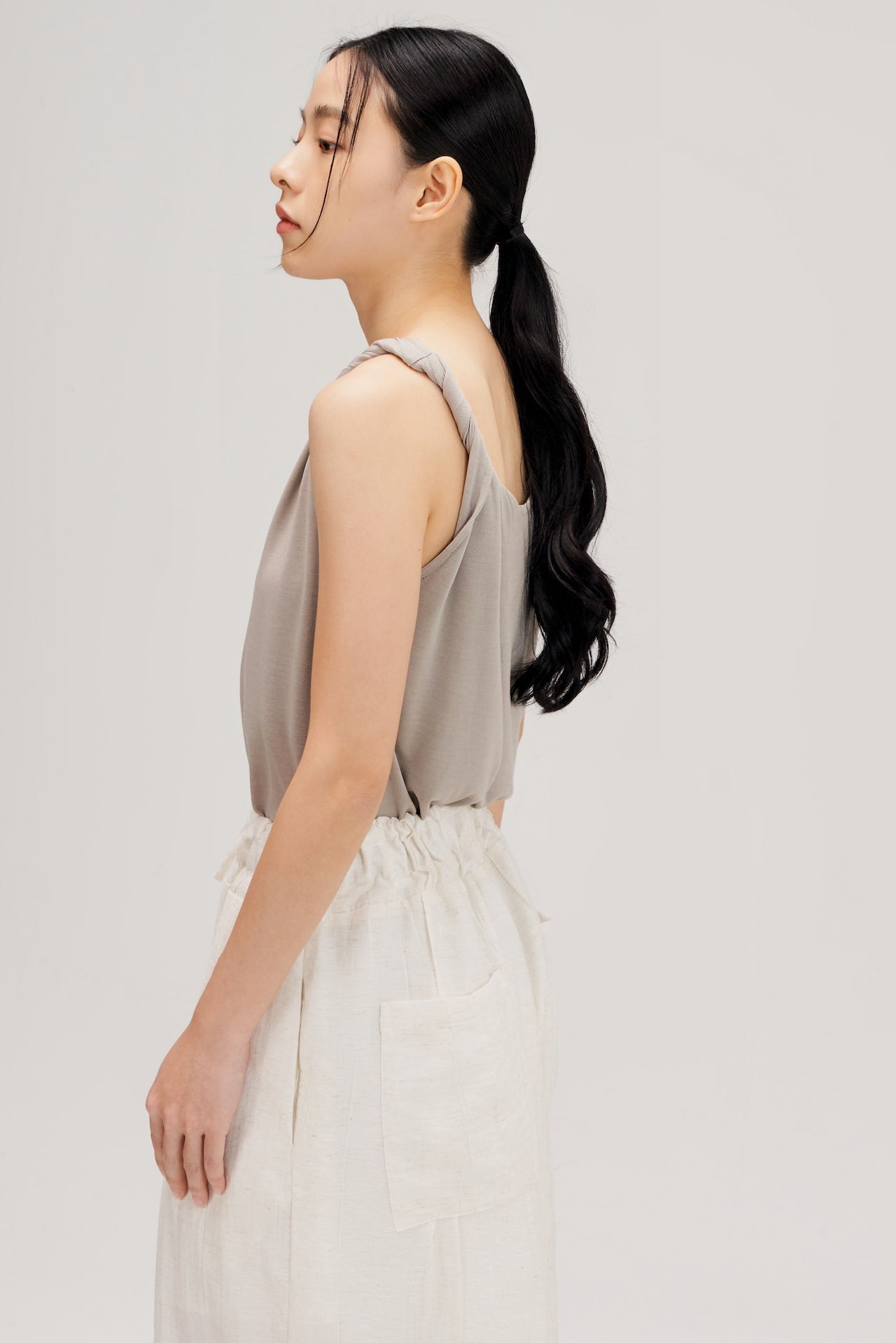 Lyocell Knit Twisted Shoulder Tank Top (Grey)