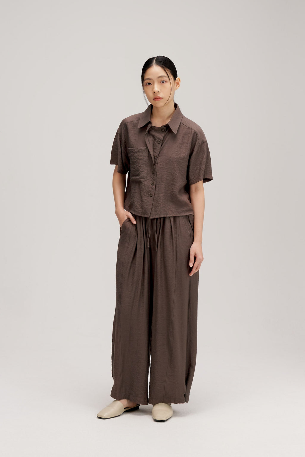 Drape Neck Short-Sleeve Crop Shirt (Dark Grey)