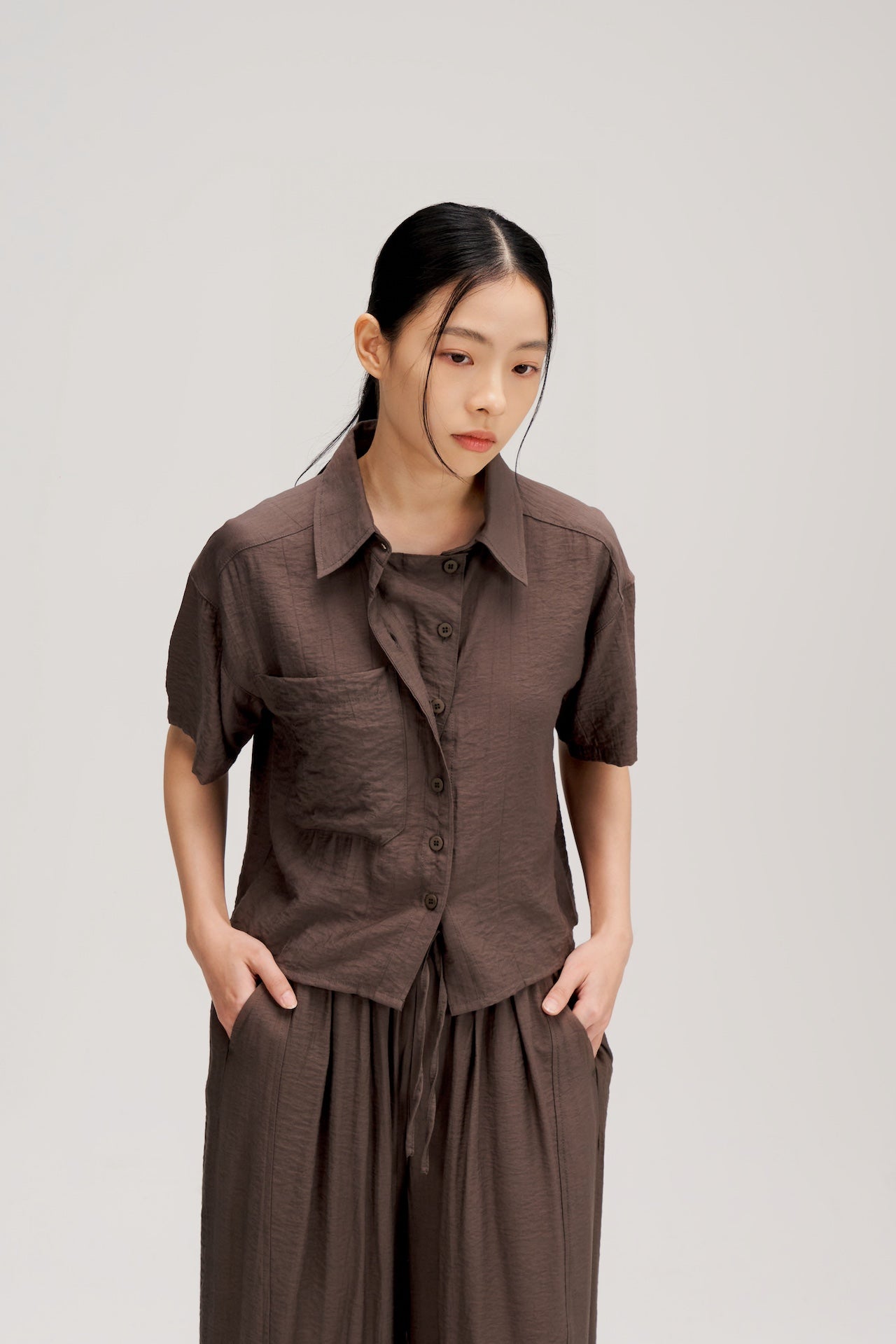 Drape Neck Short-Sleeve Crop Shirt (Dark Grey)