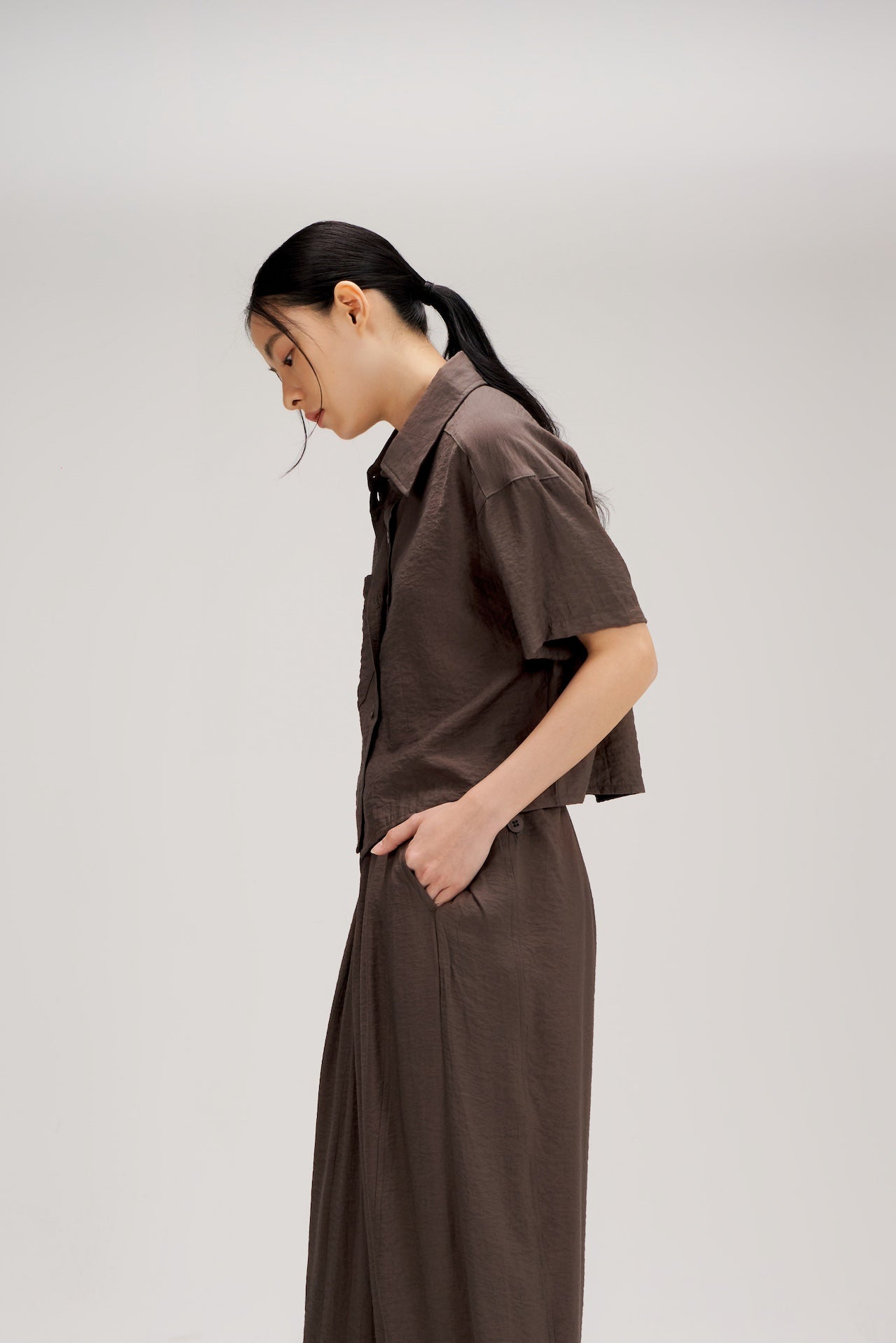 Drape Neck Short-Sleeve Crop Shirt (Dark Grey)