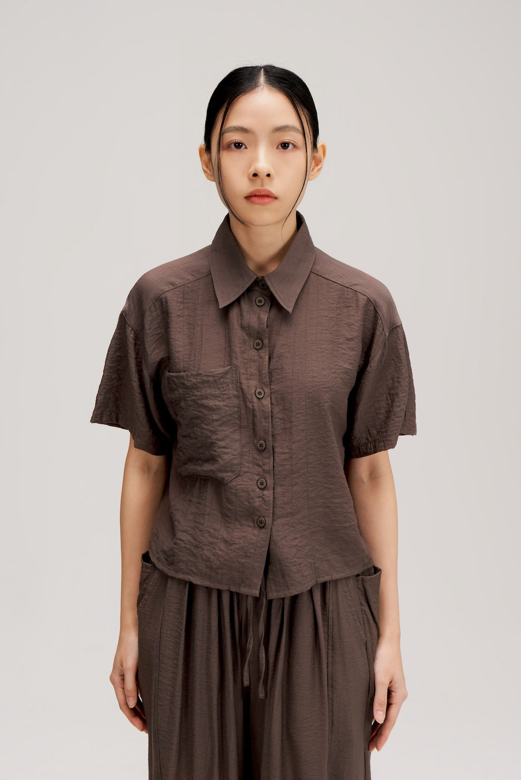 Drape Neck Short-Sleeve Crop Shirt (Dark Grey)