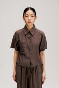 Drape Neck Short-Sleeve Crop Shirt (Dark Grey)