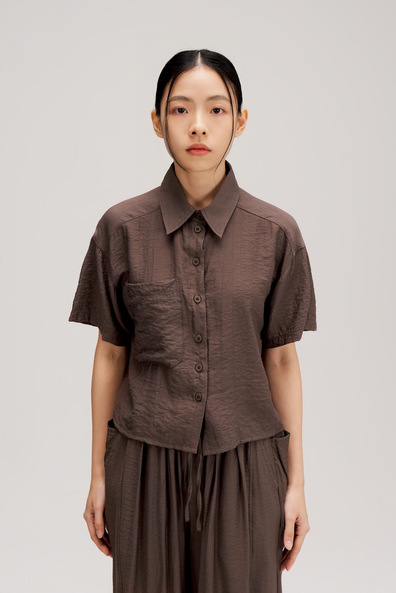 Drape Neck Short-Sleeve Crop Shirt (Dark Grey)