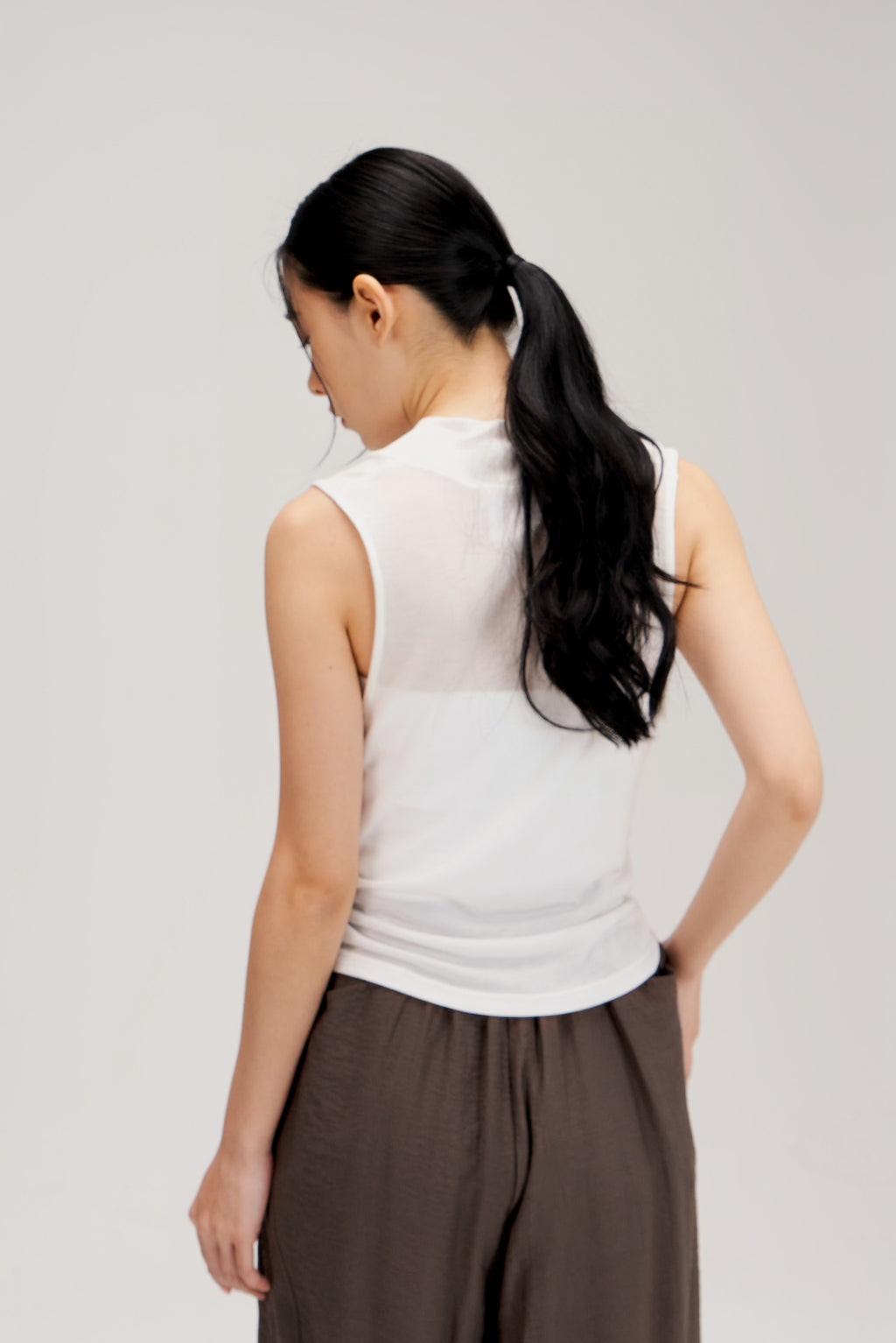 Lyocell Knit High Drape Neck Sheer Tank Top (White)