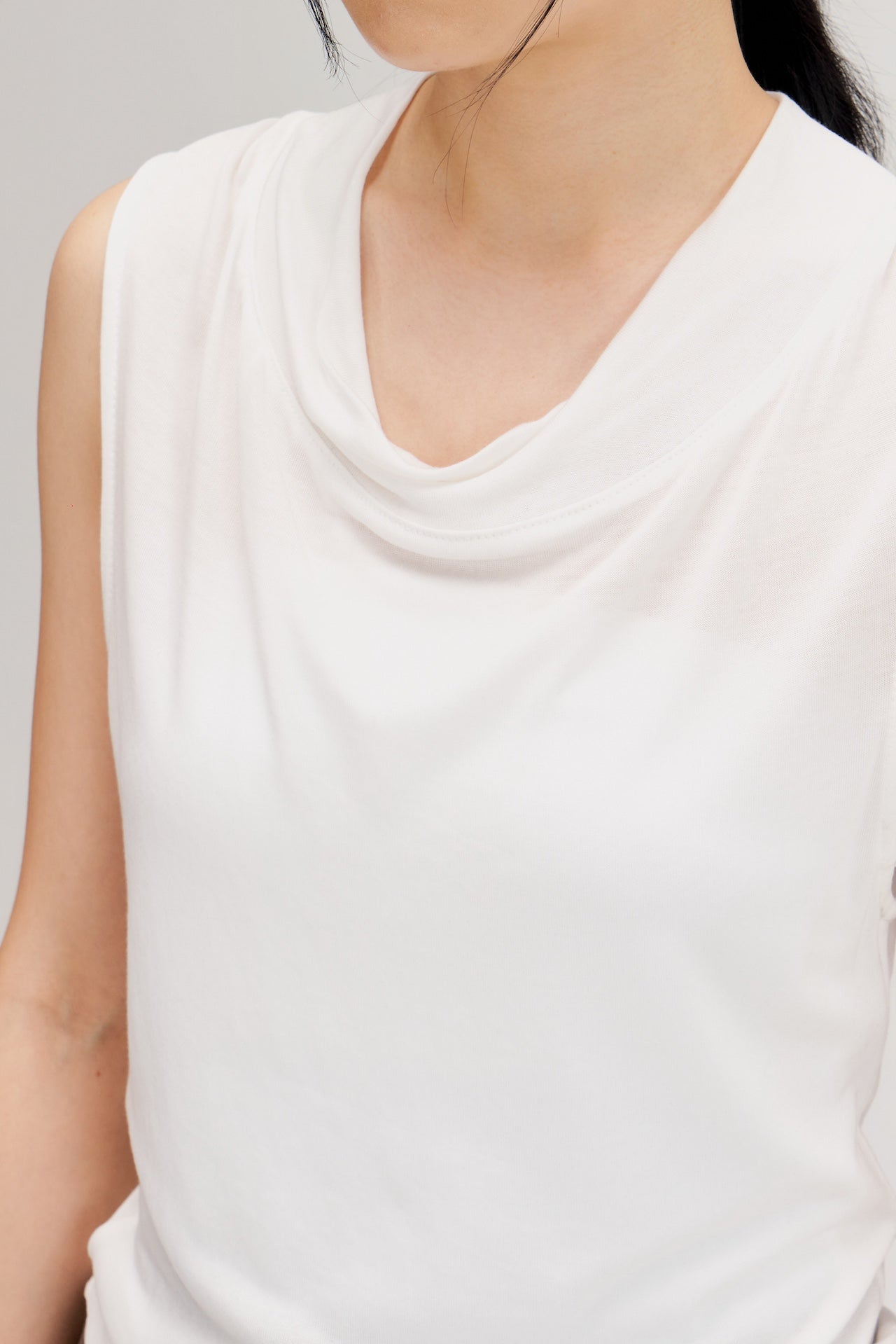 Lyocell Knit High Drape Neck Sheer Tank Top (White)