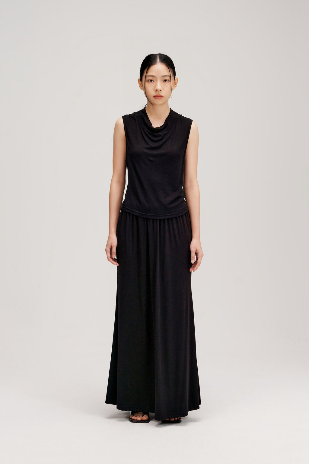Lyocell Knit High Drape Neck Sheer Tank Top (Black)