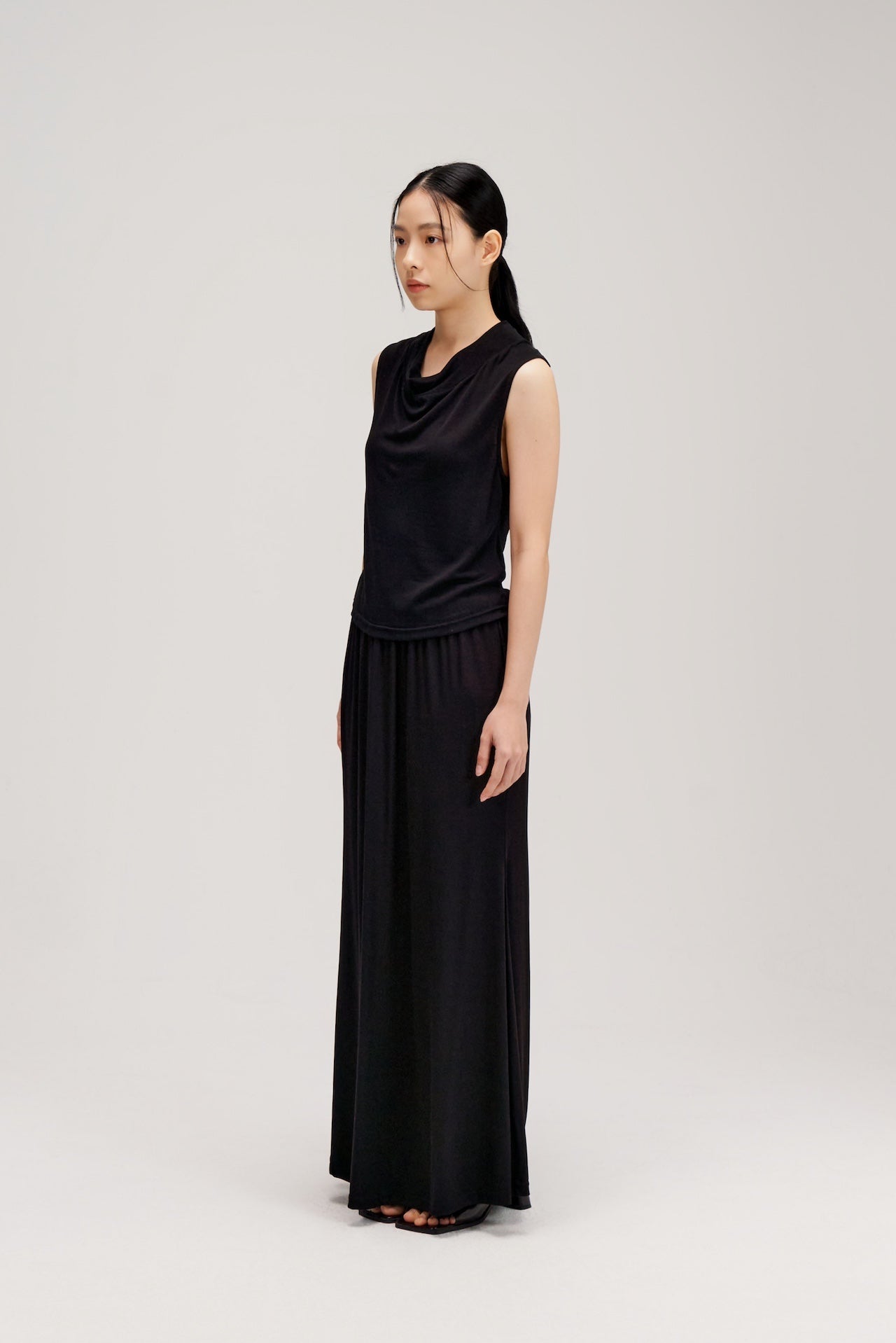 Lyocell Knit High Drape Neck Sheer Tank Top (Black)