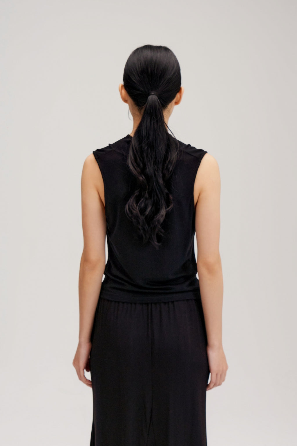 Lyocell Knit High Drape Neck Sheer Tank Top (Black)