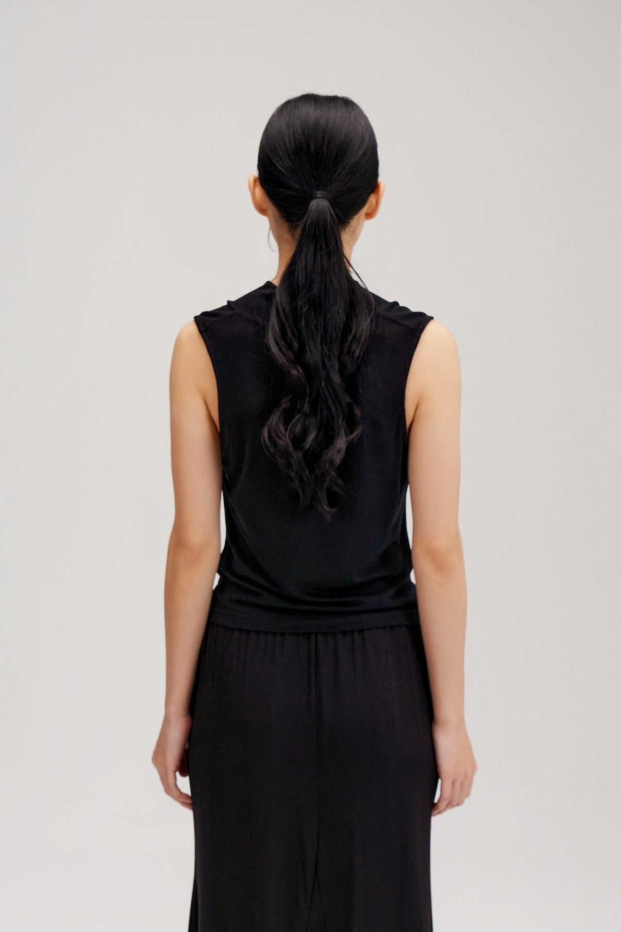 Lyocell Knit High Drape Neck Sheer Tank Top (Black)