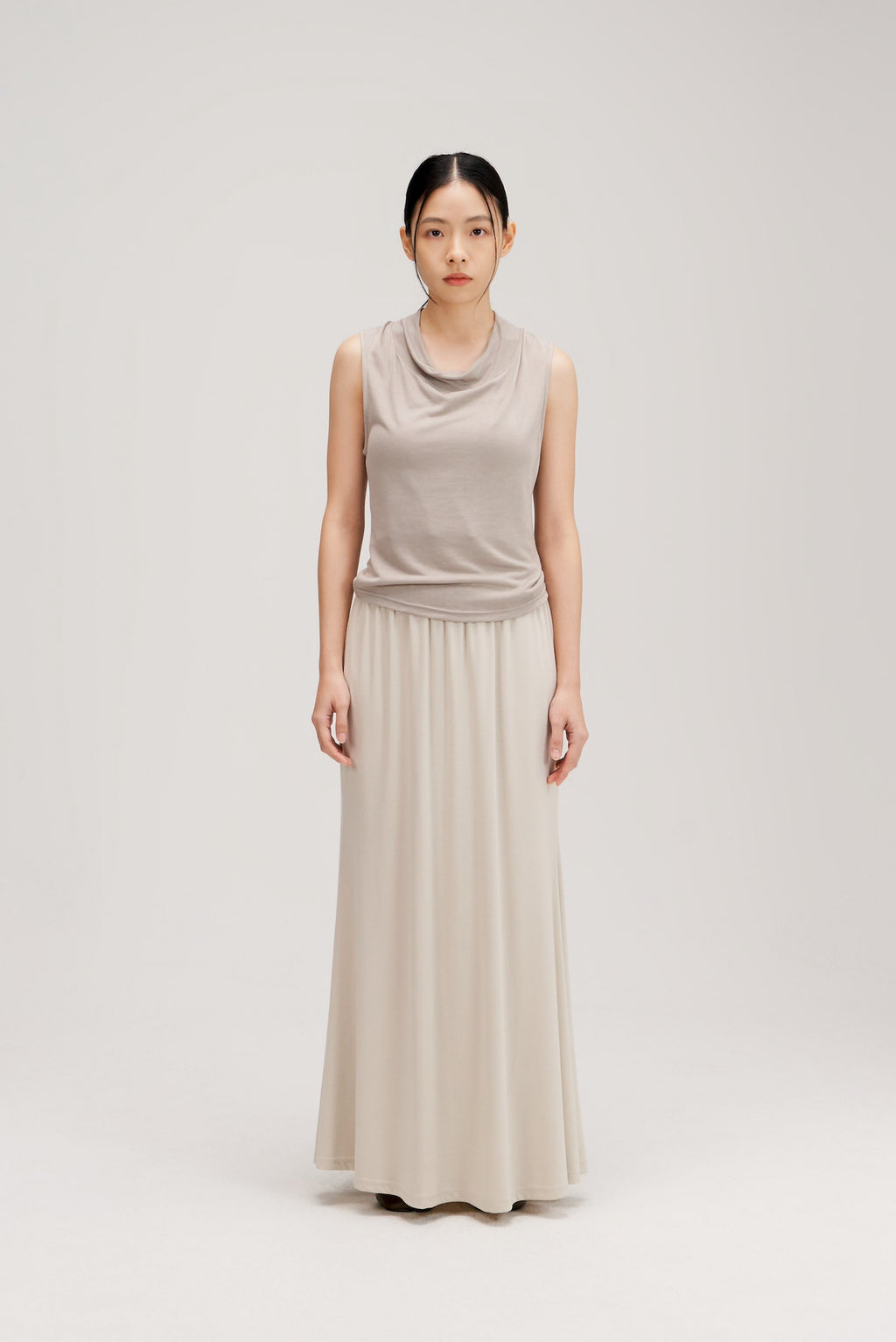 Lyocell Knit High Neck Drape Sheer Tank Top (Grey)