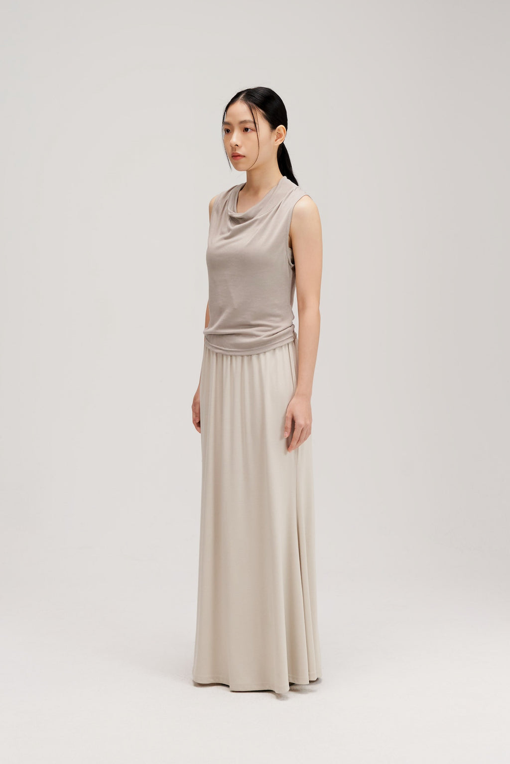 Lyocell Knit High Neck Drape Sheer Tank Top (Grey)