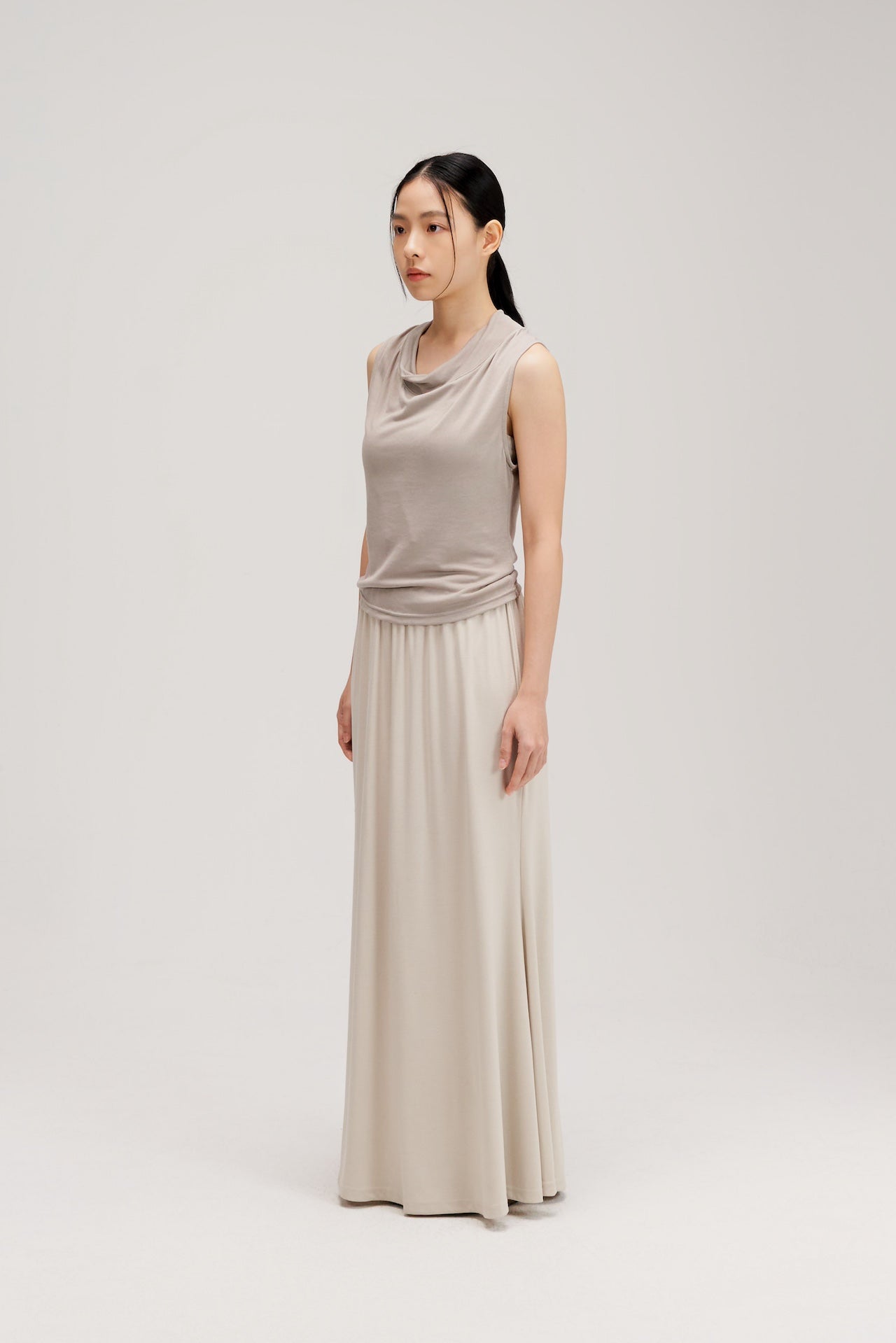 Lyocell Knit High Neck Drape Sheer Tank Top (Grey)