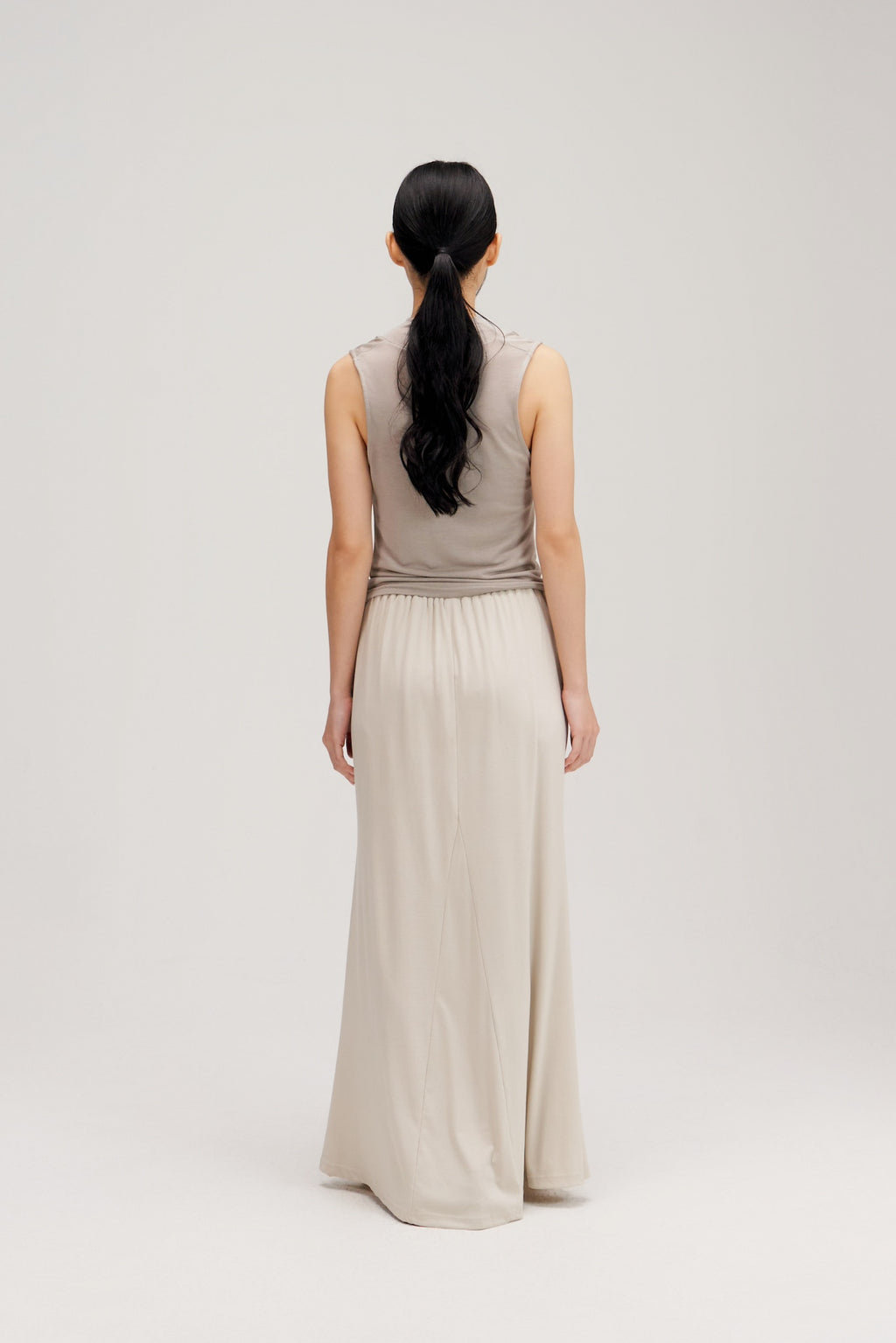 Lyocell Knit High Neck Drape Sheer Tank Top (Grey)